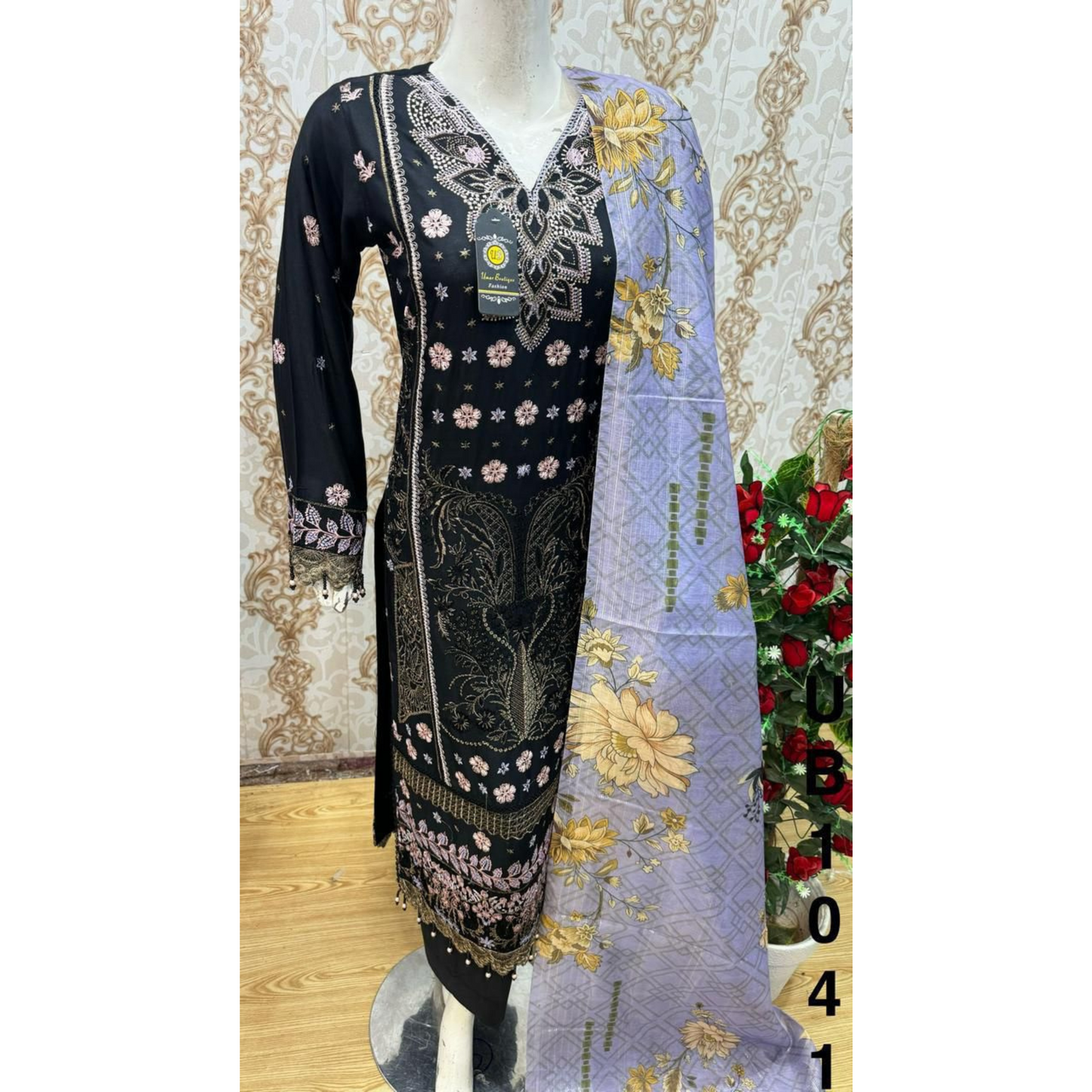 3 Pc Embroidered Linen Dress With Cotton Silk Printed Dupatta By UB