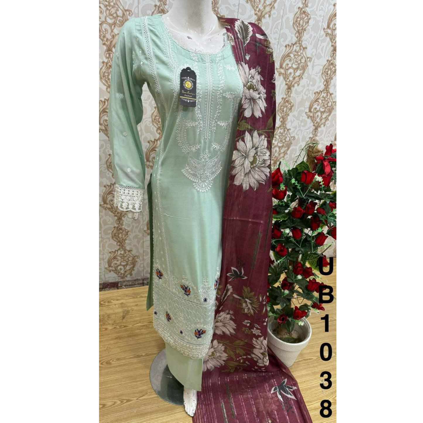 3 Pc Embroidered Linen Dress With Cotton Silk Printed Dupatta By UB