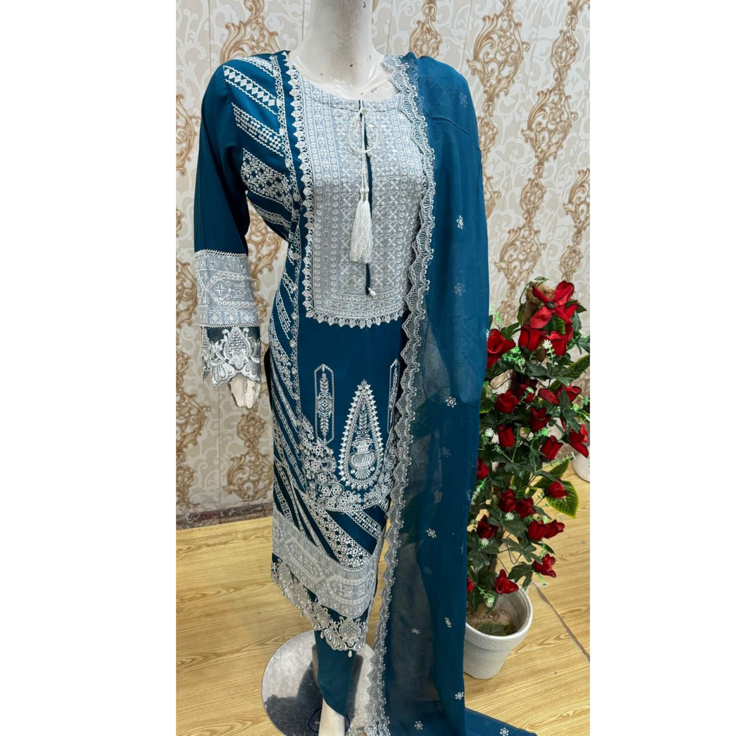 3 Pc Embroidered Linen Dress With Embroidered Chiffon Dupatta By UB