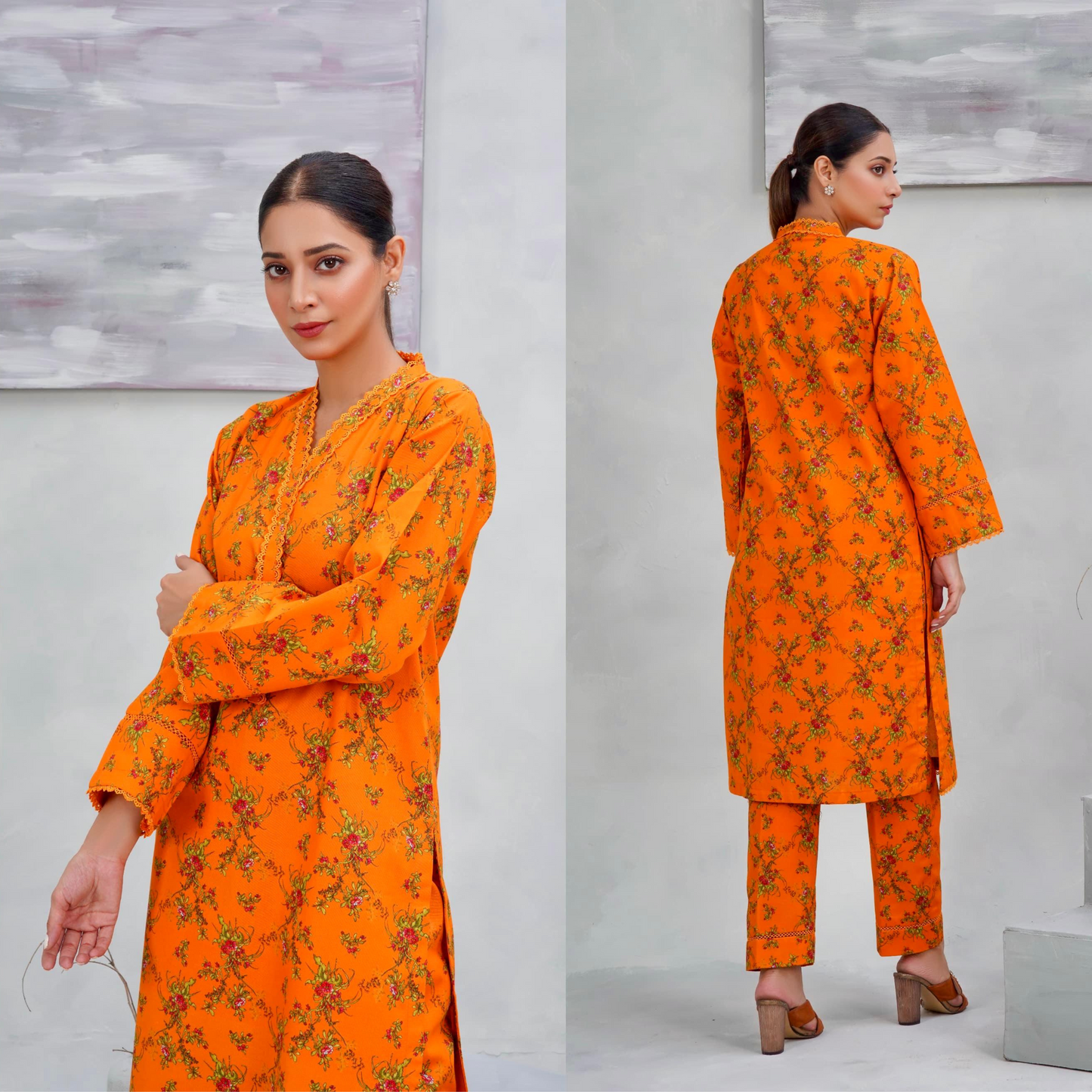 Orange 2 Pc floral Printed Khaddar Pakistani Co-Ords Set | Ready to wear| Hayats