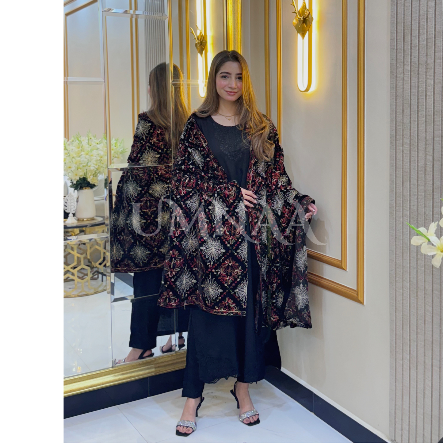 UA-32 Dhanak Dress Embroidered Velvet Shawl 3 Pc | Ready to wear | UMNAA