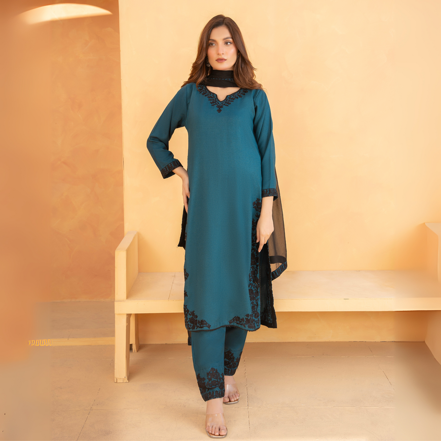 UA-44 Embroidered Dhanak with Chiffon Duppata Pc Dress | Ready to wear | UMNAA