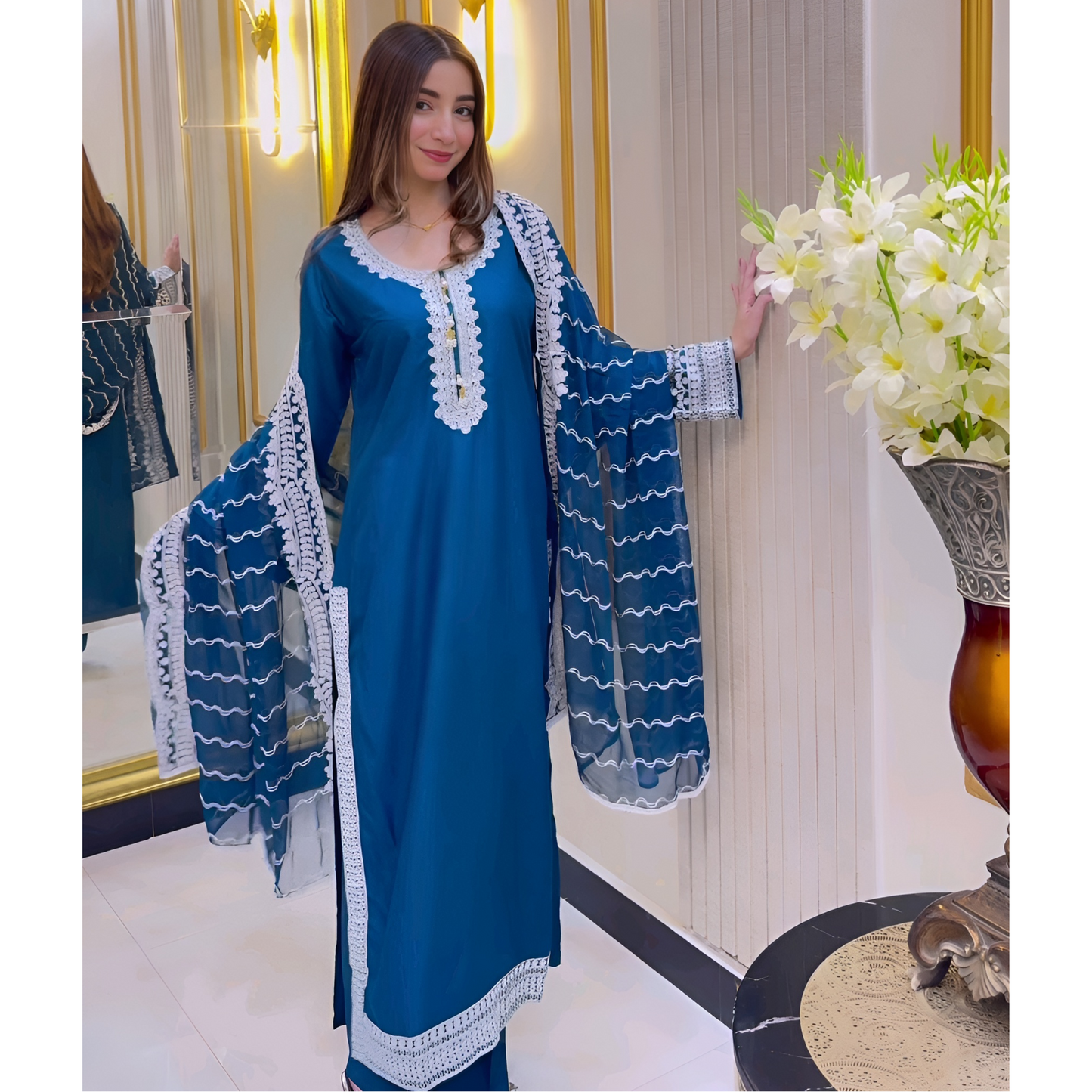 UA-47 Embroidered Linen with Chiffon Duppata Pc Dress | Ready to wear | UMNAA