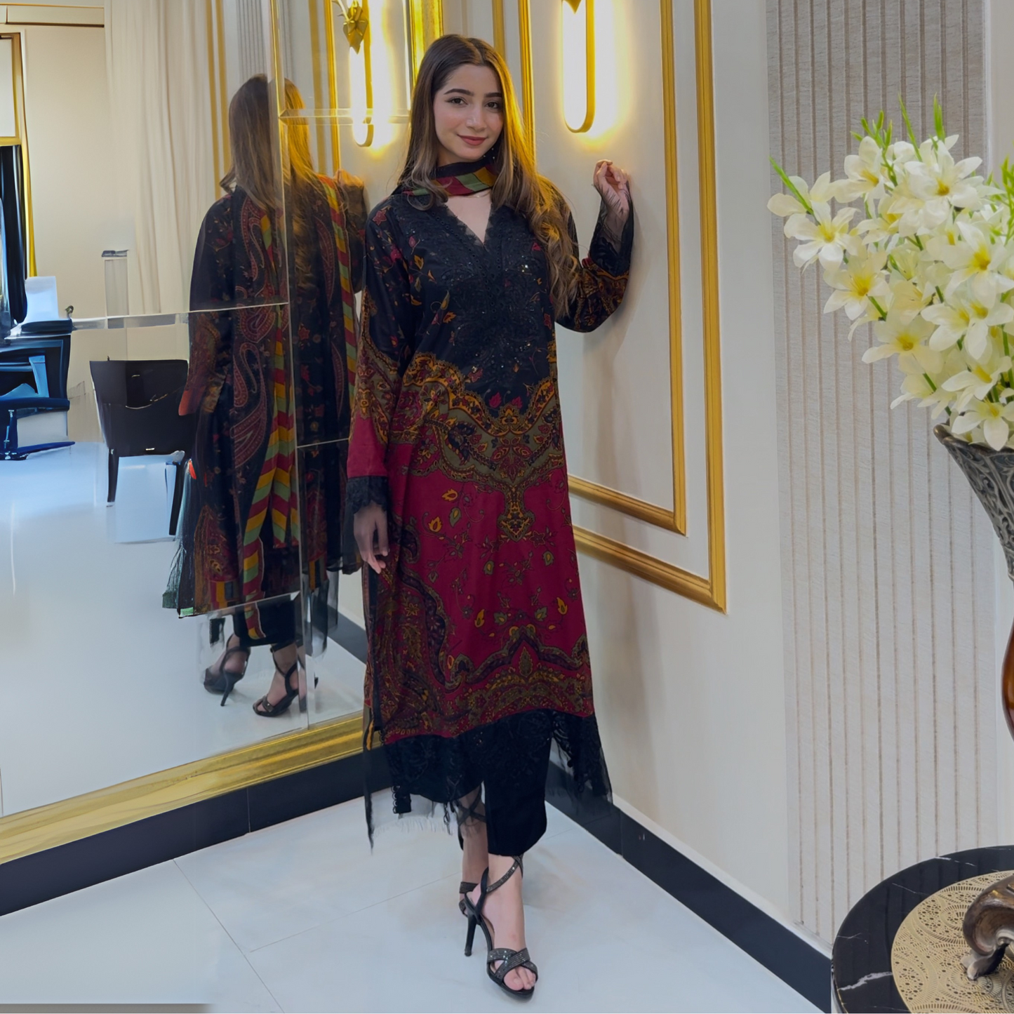UA-66 (BLACK) Embroidered Cambric Cotton 3 Pc Pakistani Dress | UMNAA