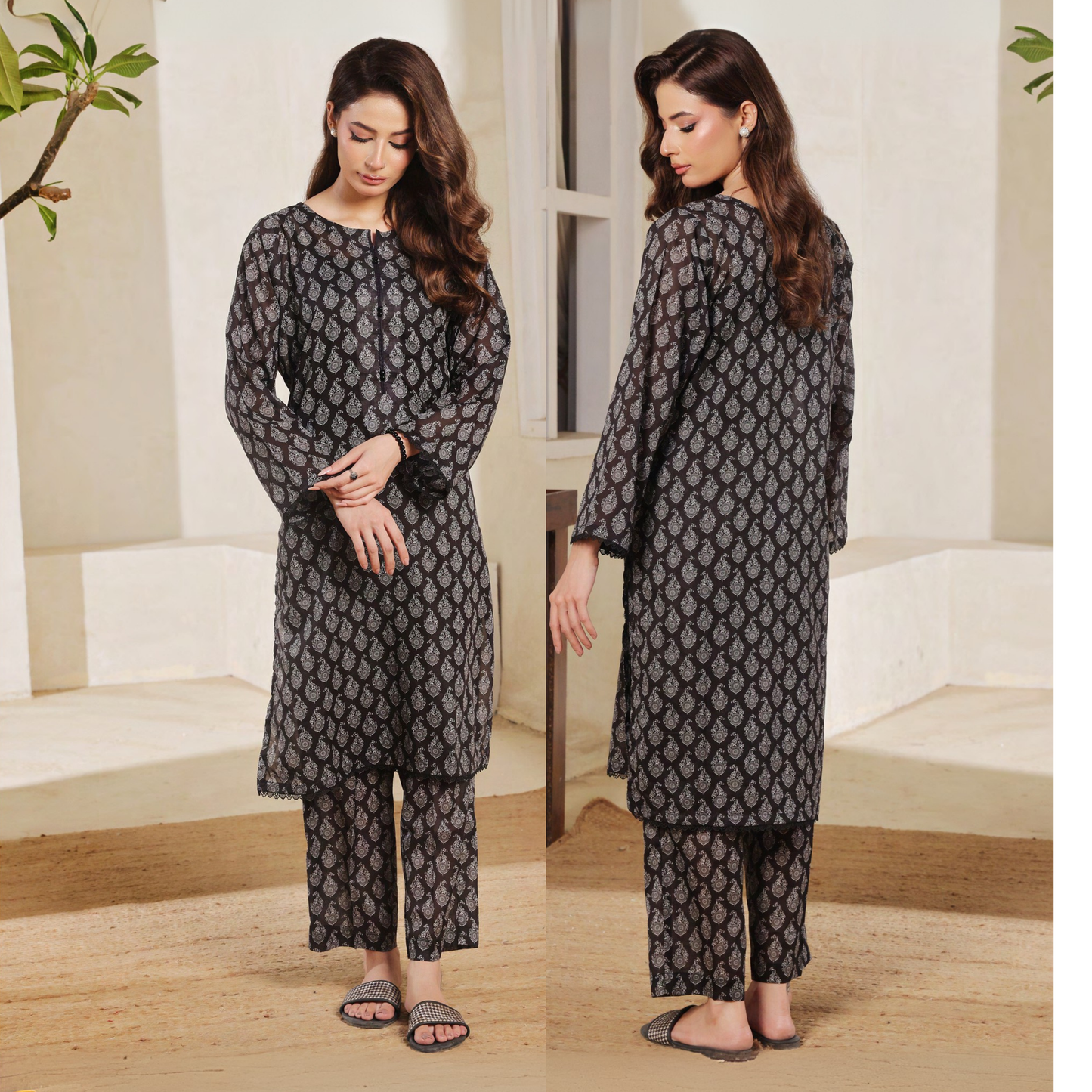 2 Pc Printed Lawn Monochrome Co-Ords Dress - Saphron