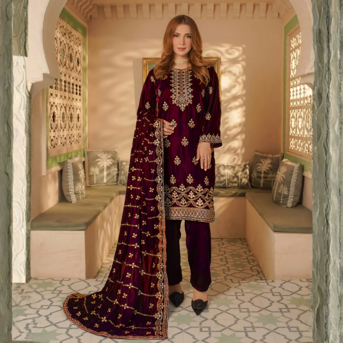 UA-127 Luxury Embroidered Velvet Collection Pakistani Festive Partywear Dress by Umnaa