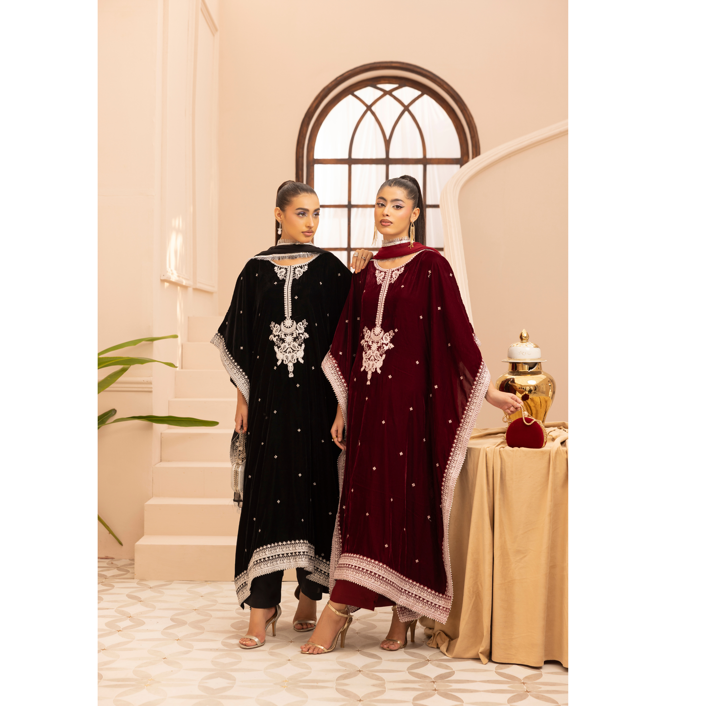 UMS-39 Zayna by Simrans Velvet Kaftan Embroidered 3 Pc Collection Asian Clothes | Modest Wear