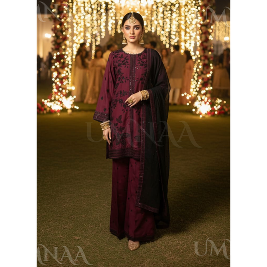 UA-158 Embroidered Viscose Dress 3 Pc by Umnaa