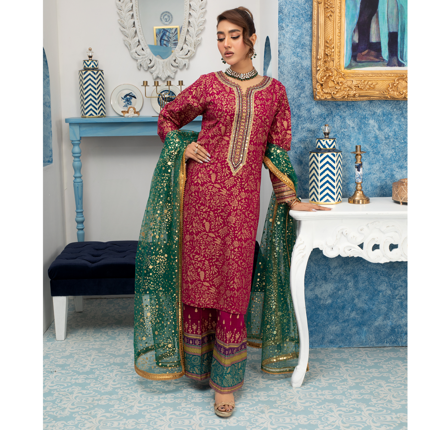 (Deep Pink) Luxury Cambric Cotton Embroidered Dress | Ready to Wear | Heera's