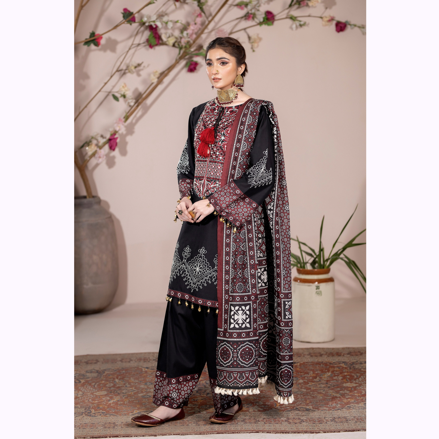 UKC-29 Embroidered Cambric Cotton dress with Ajrak Style Dupatta Ready to Wear 3 Pc - Karma Collection