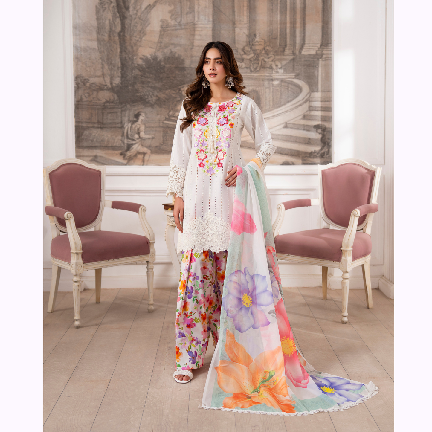 3 Pc Printed Floral Embroidered Trendy farshi Shalwar Collection karma collection