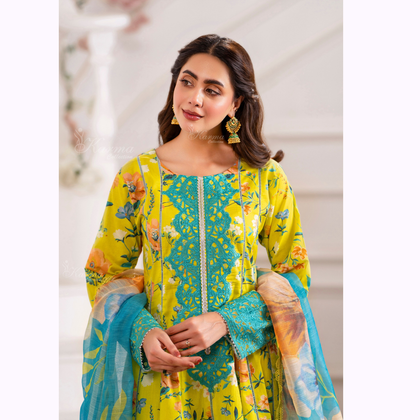 3 Pc Printed Floral Embroidered Trendy farshi Shalwar Collection karma collection