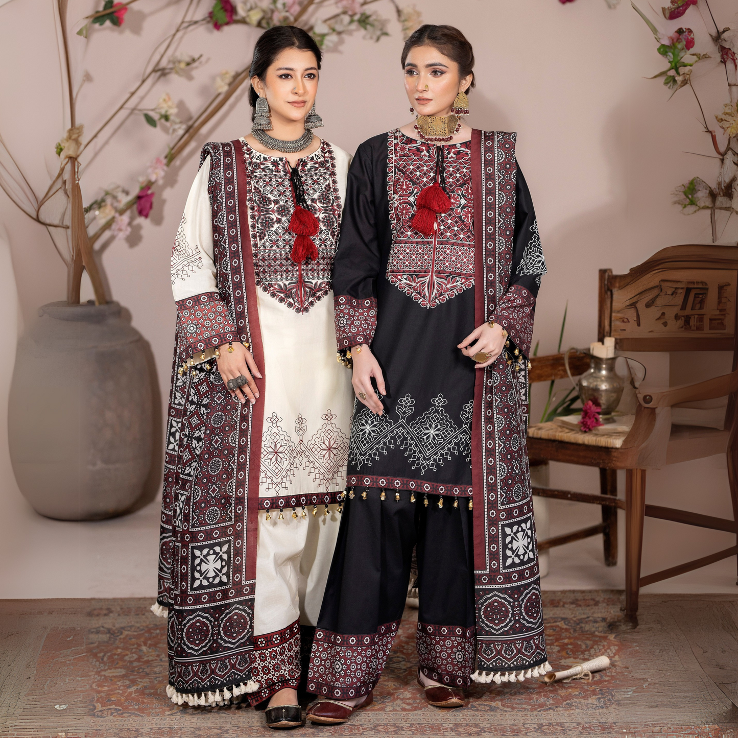 UKC-29 Embroidered Cambric Cotton dress with Ajrak Style Dupatta Ready to Wear 3 Pc - Karma Collection