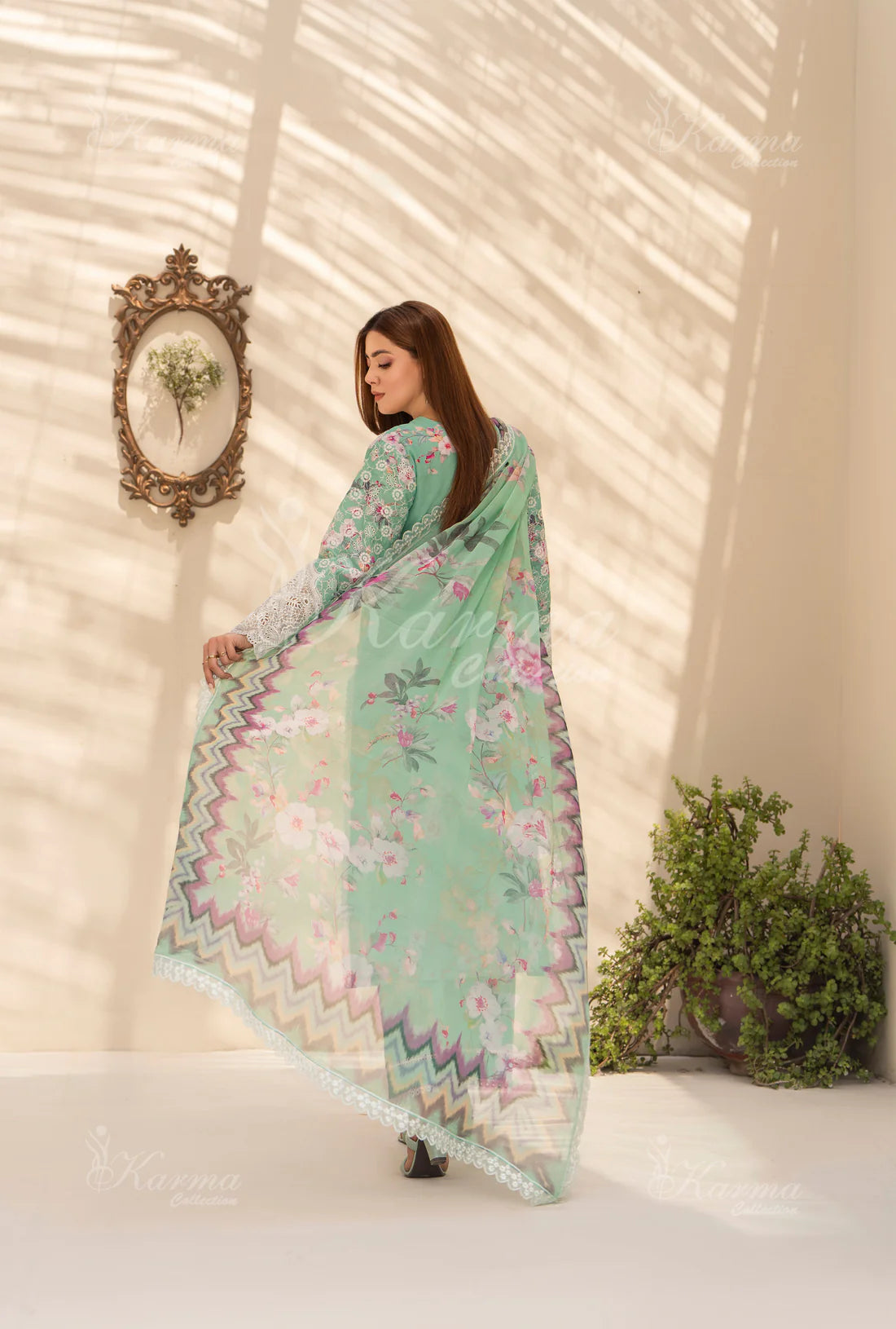 (Seafoam) Printed Chikenkari Cotton Lawn 3 Pc - Karma Collection