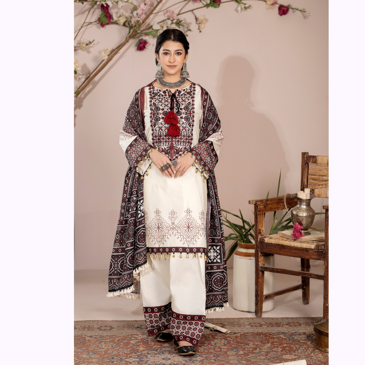 UKC-29 Embroidered Cambric Cotton dress with Ajrak Style Dupatta Ready to Wear 3 Pc - Karma Collection