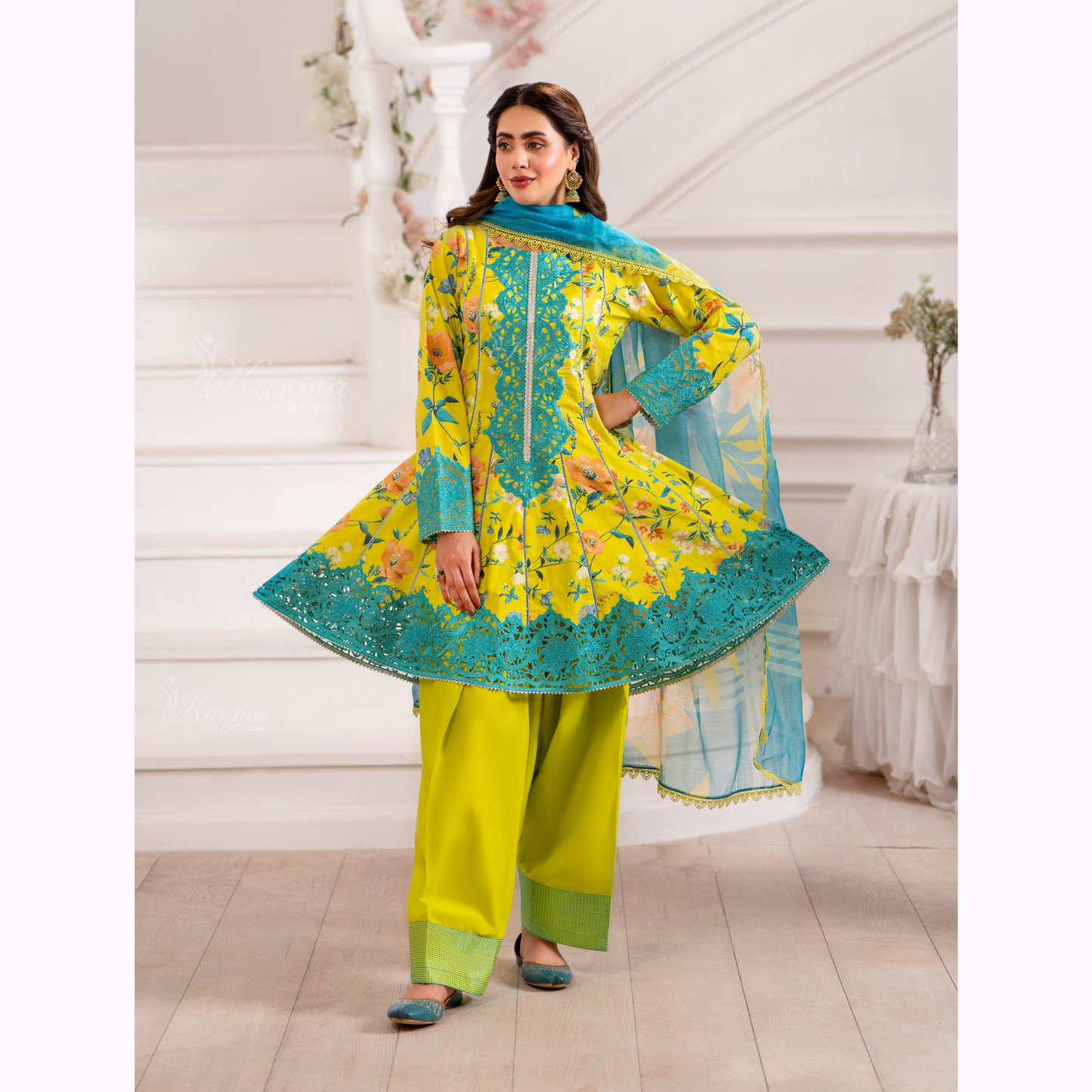 3 Pc Printed Floral Embroidered Trendy farshi Shalwar Collection karma collection
