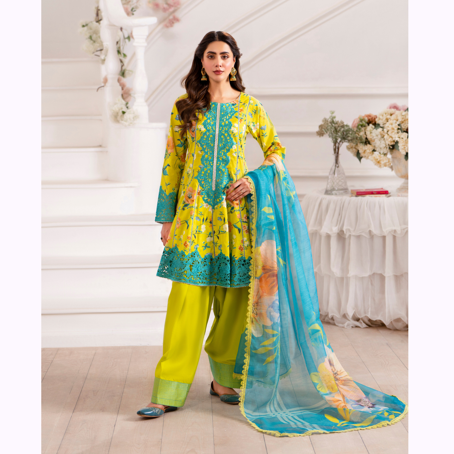 3 Pc Printed Floral Embroidered Trendy farshi Shalwar Collection karma collection