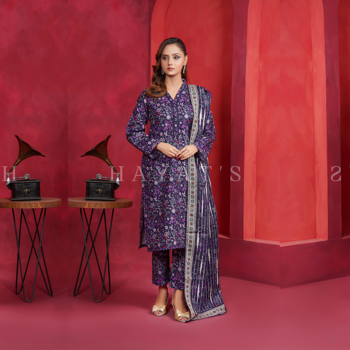 Printed Khaddar Dress with Pashmina Shawl|3 Pc| Winter Collection | Hayats
