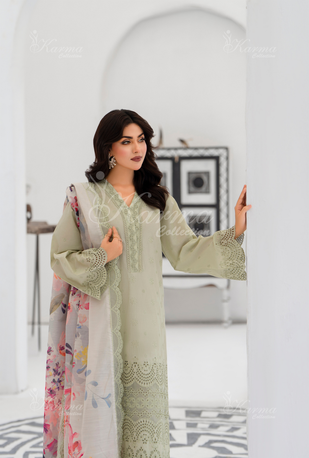 KC- 1386 | Greyish Green | 3 Pc | Chikenkari Cotton Lawn | Karma Collection