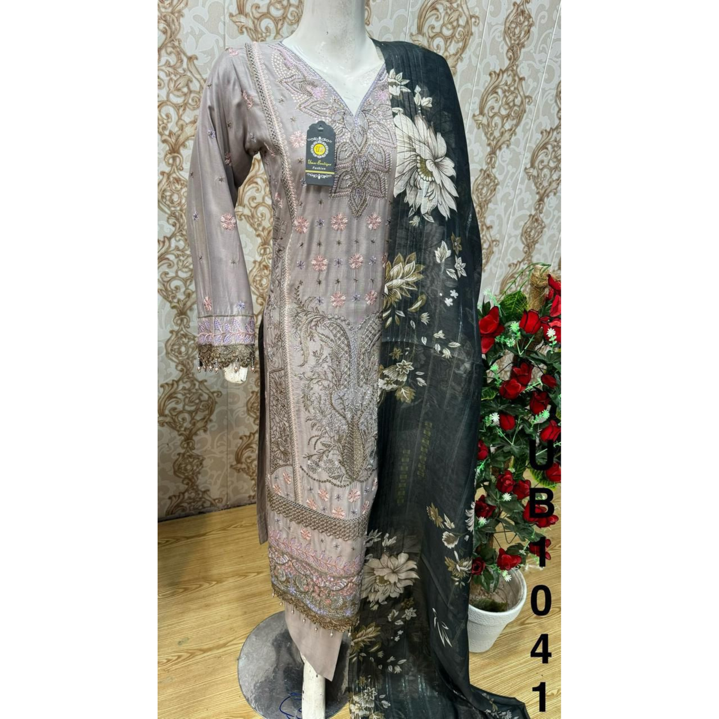 3 Pc Embroidered Linen Dress With Cotton Silk Printed Dupatta By UB