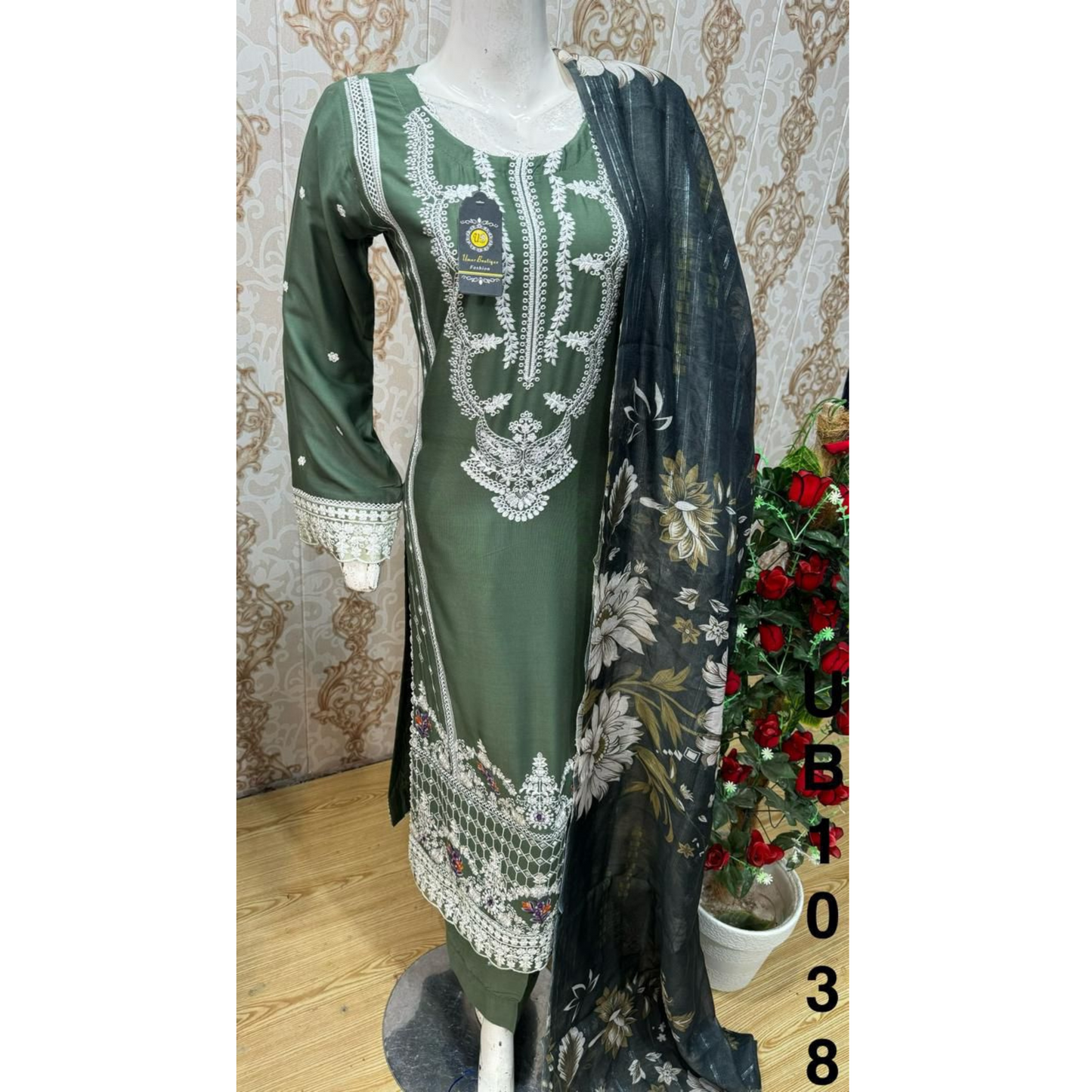 3 Pc Embroidered Linen Dress With Cotton Silk Printed Dupatta By UB
