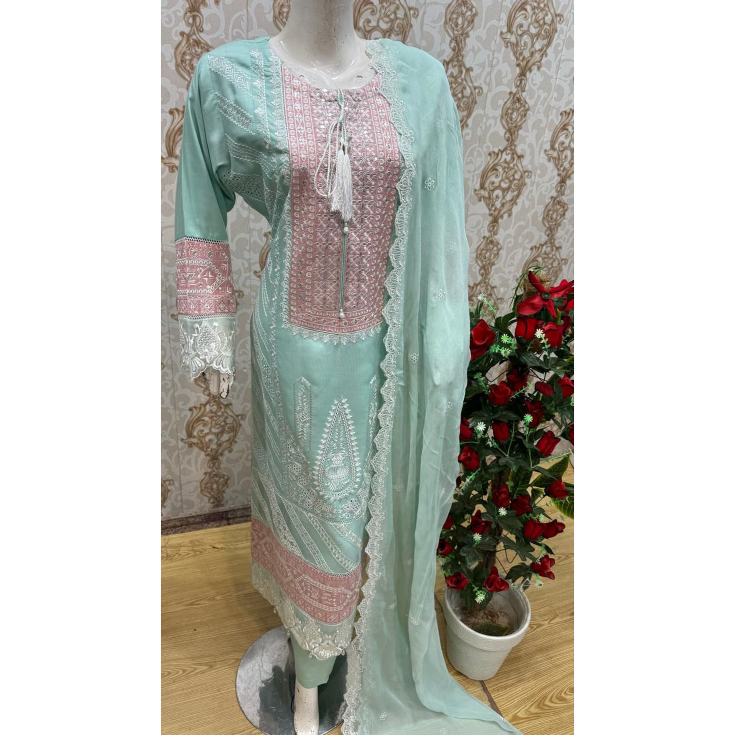 3 Pc Embroidered Linen Dress With Embroidered Chiffon Dupatta By UB