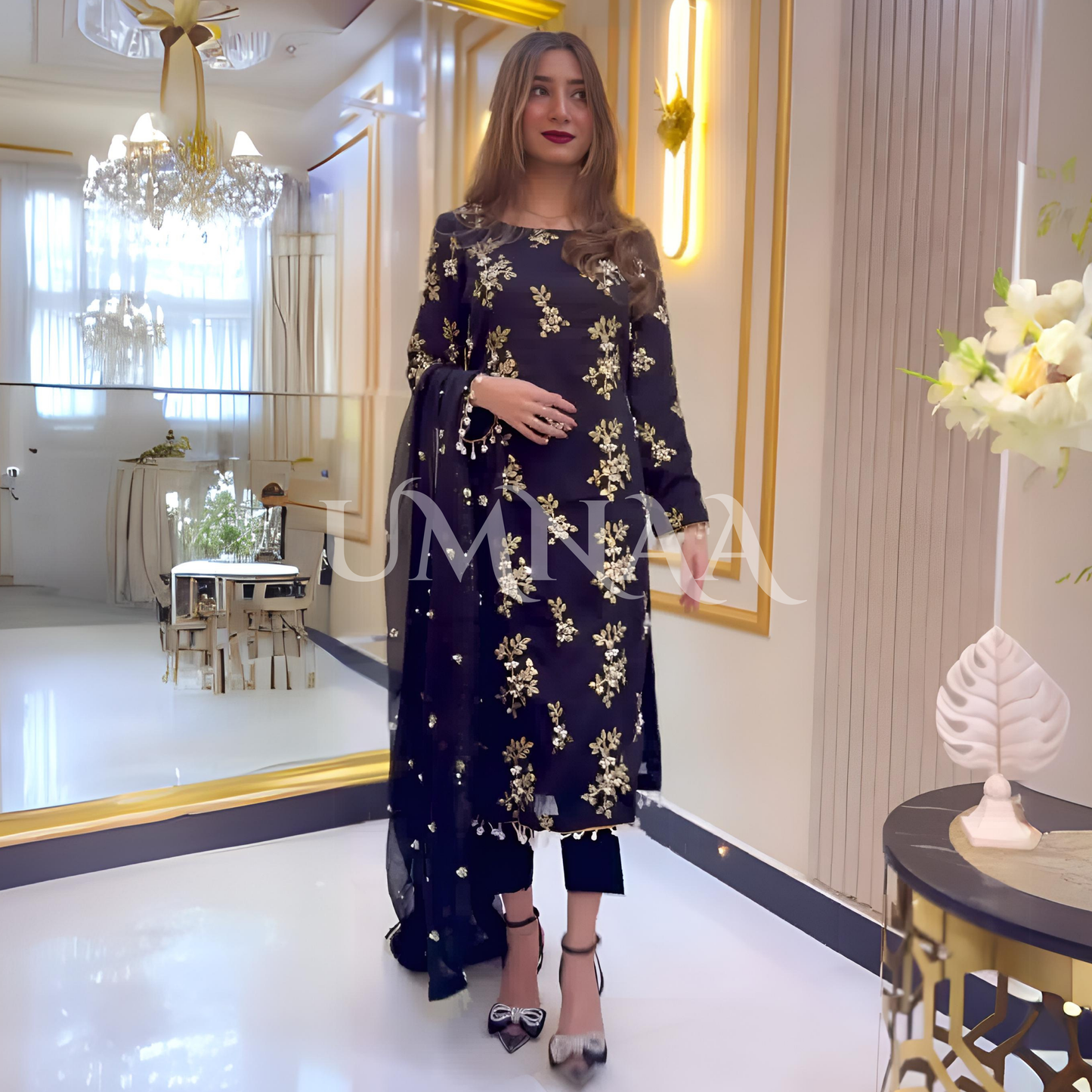 3 Piece Embroidered Chiffon Party wear Pakistani Dress | Umnaa