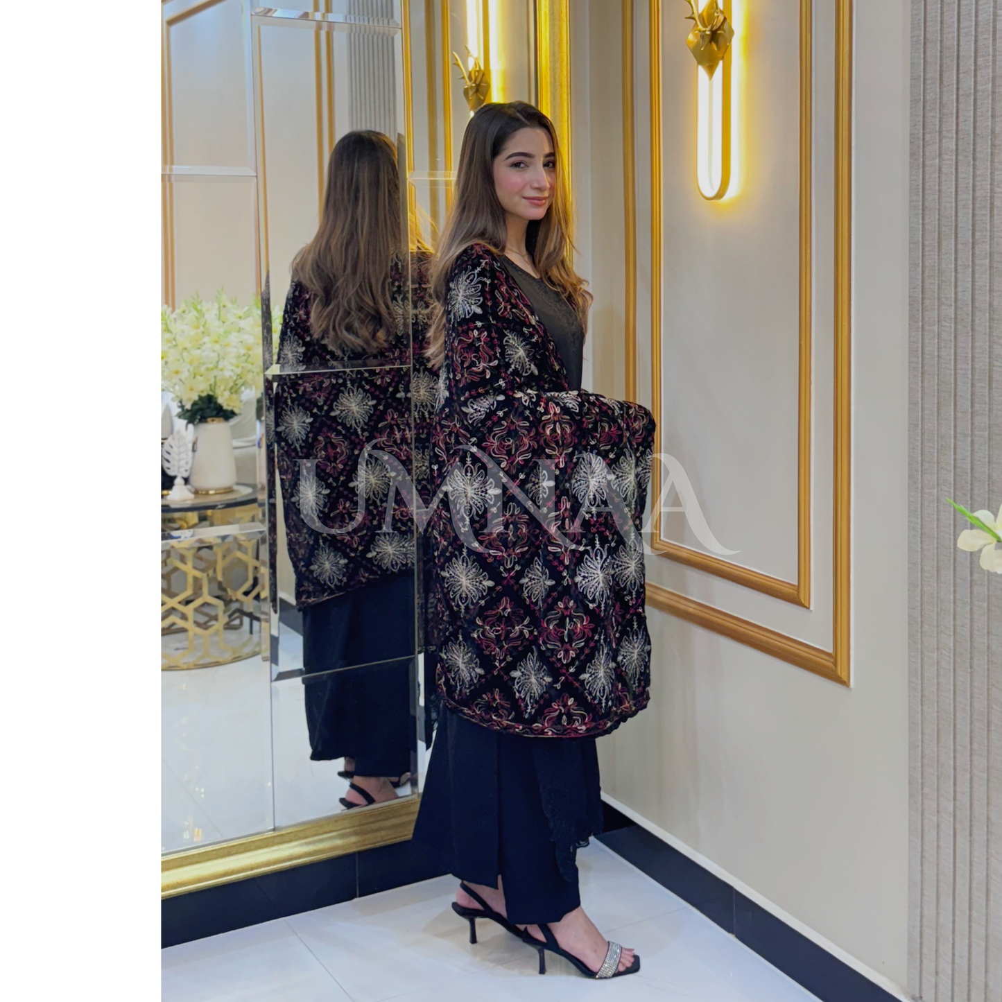 UA-32 Dhanak Dress Embroidered Velvet Shawl 3 Pc | Ready to wear | UMNAA