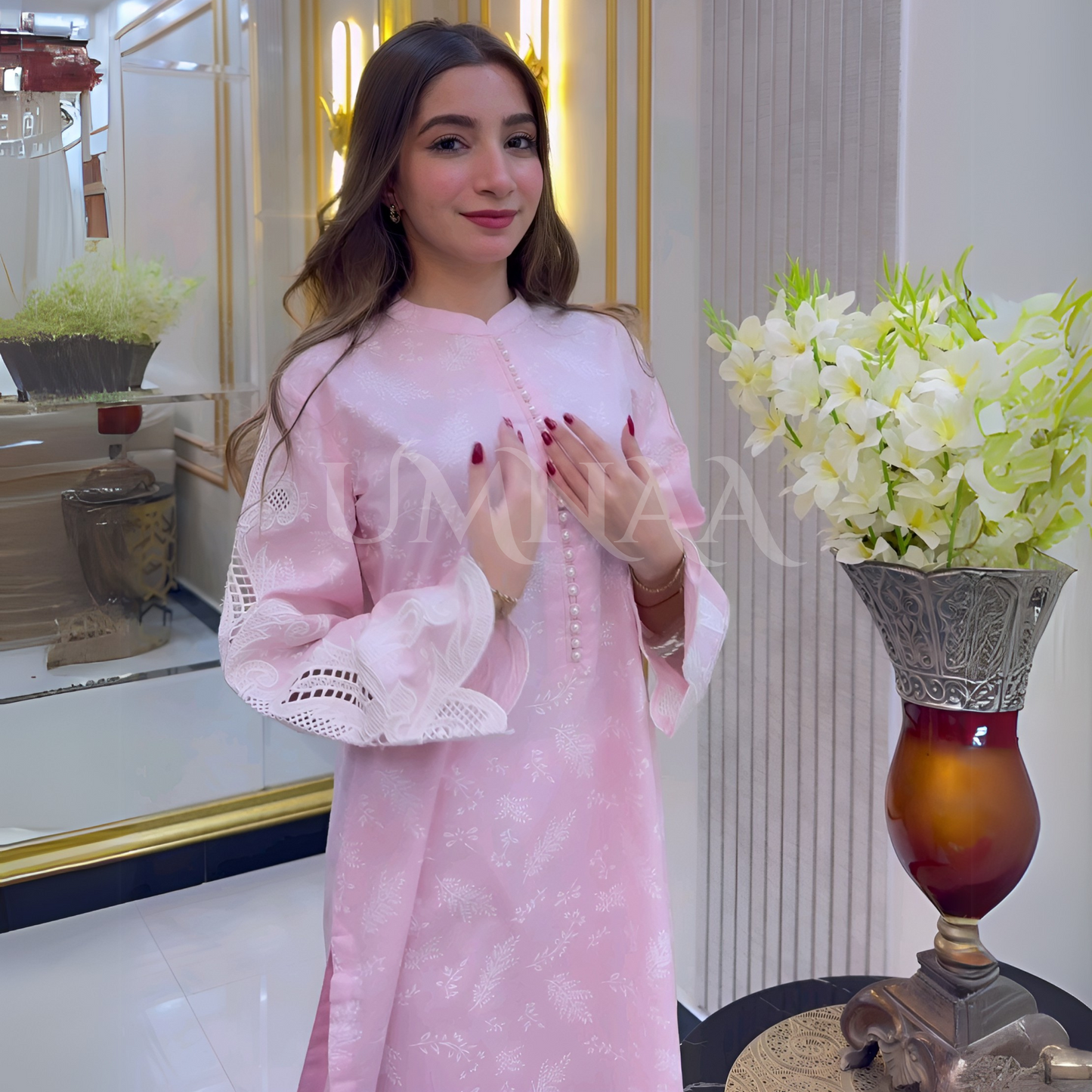 UA-56 (Light Pink) 2 Pc Embroidered Cambric Cotton Pakistani Dress | Ready to Wear | UMNAA
