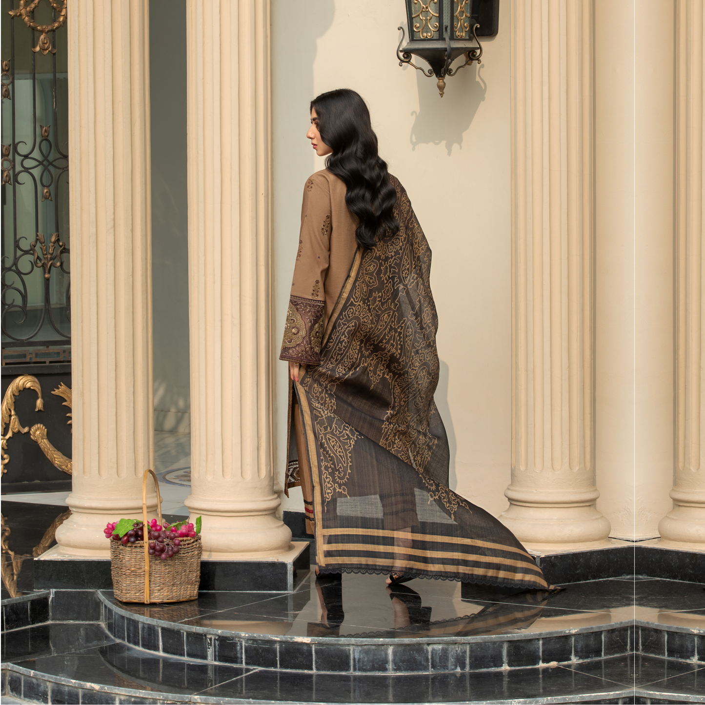 (Coffee Brown) 3 Pc Embroidered Cambric Cotton Ready to Wear Dress | Eid Wear | Heera's