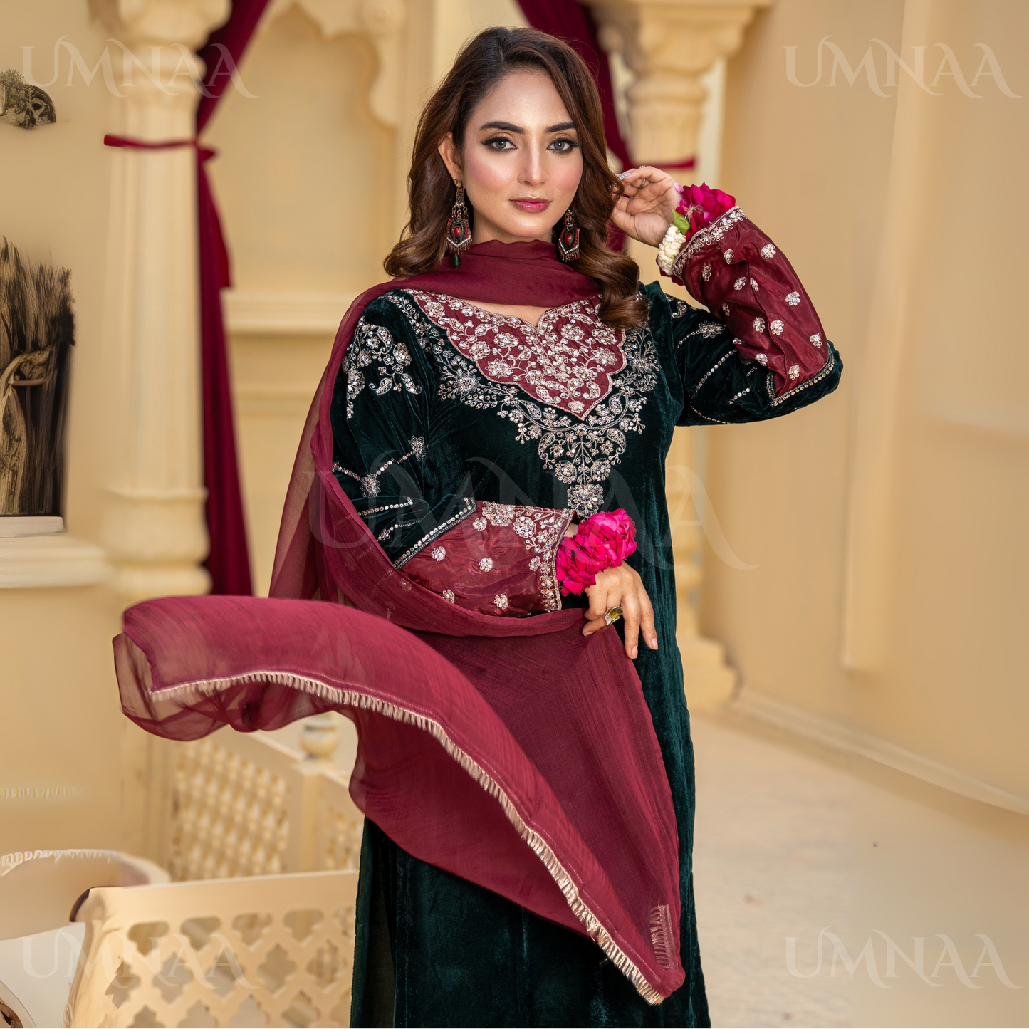 UA-113 Luxury Festive Embroidered Velvet Winter Collection by Umnaa