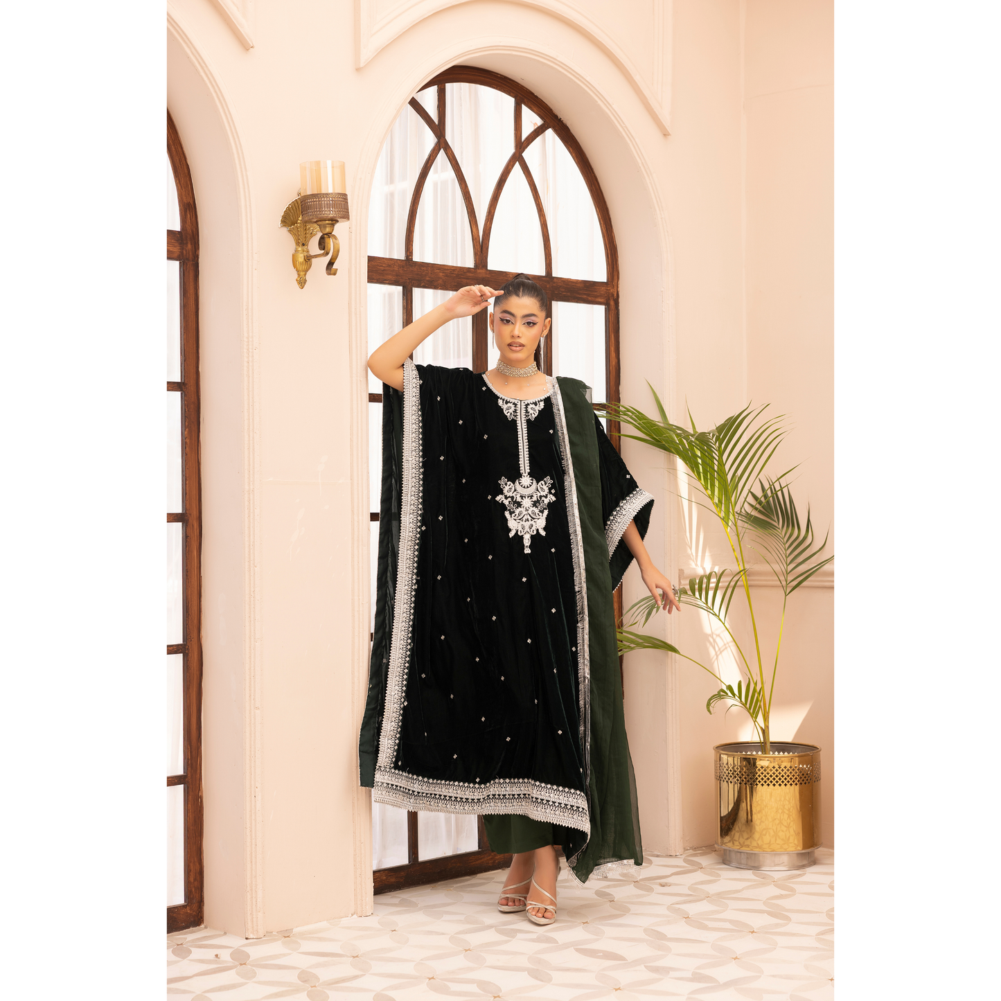 UMS-39 Zayna by Simrans Velvet Kaftan Embroidered 3 Pc Collection Asian Clothes | Modest Wear