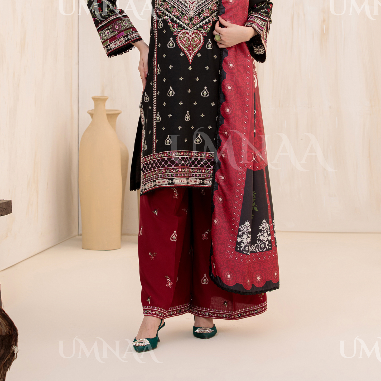 UA-145 Embroidered Dhanak dress with Pashmina Shawl | Umnaa