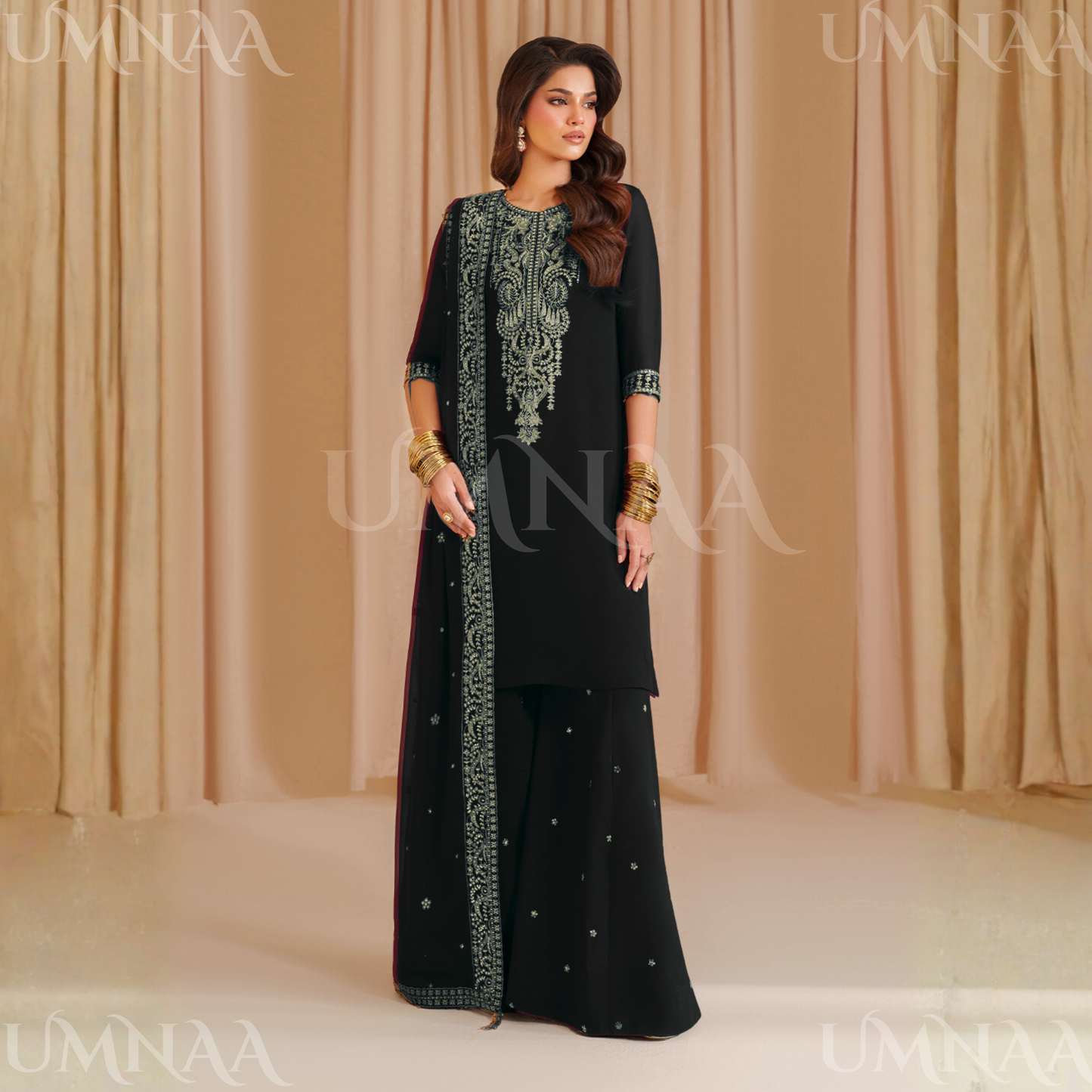 UA-133 Luxury Embroidered Chiffon Party Wear Asian sharara dress 3 Pc | Ready to Wear | Umnaa