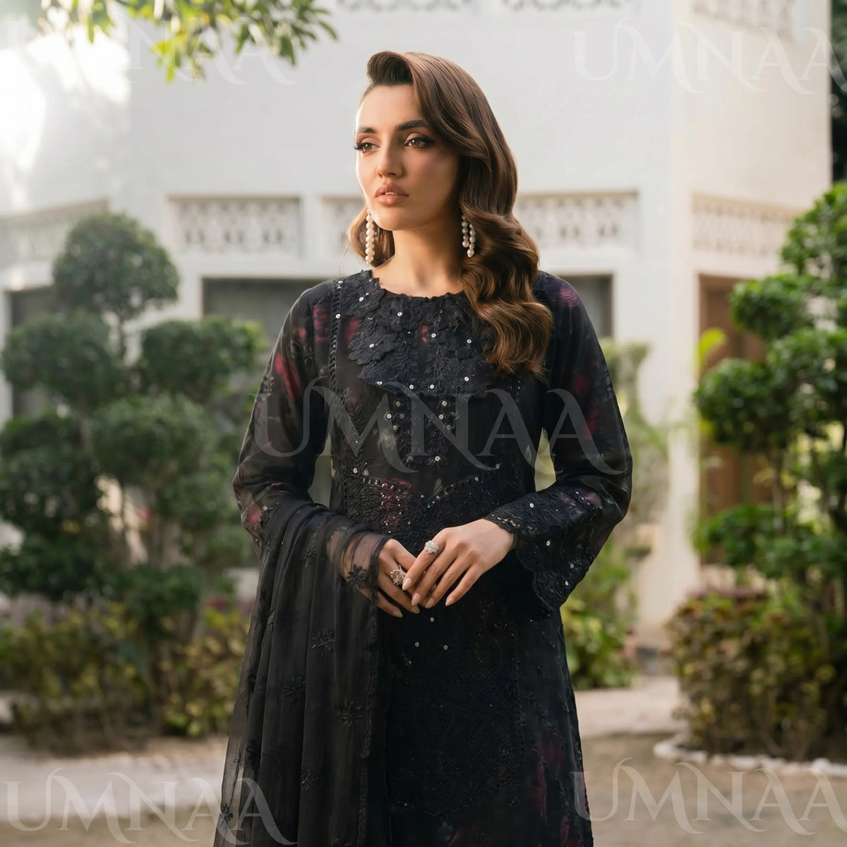 UA-200 Embroidered Chiffon 3-Piece with Printed Lining & Trouser