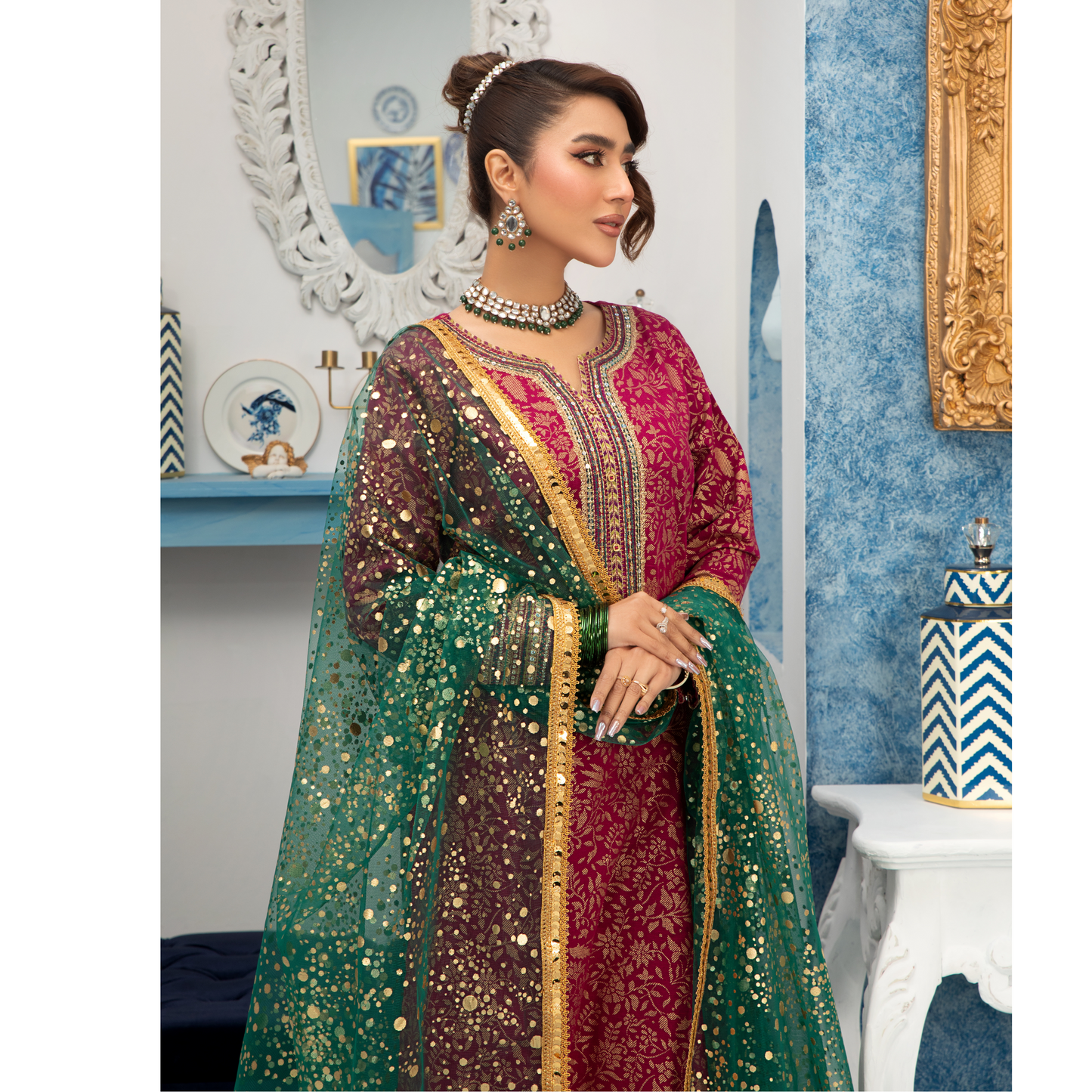 (Deep Pink) Luxury Cambric Cotton Embroidered Dress | Ready to Wear | Heera's