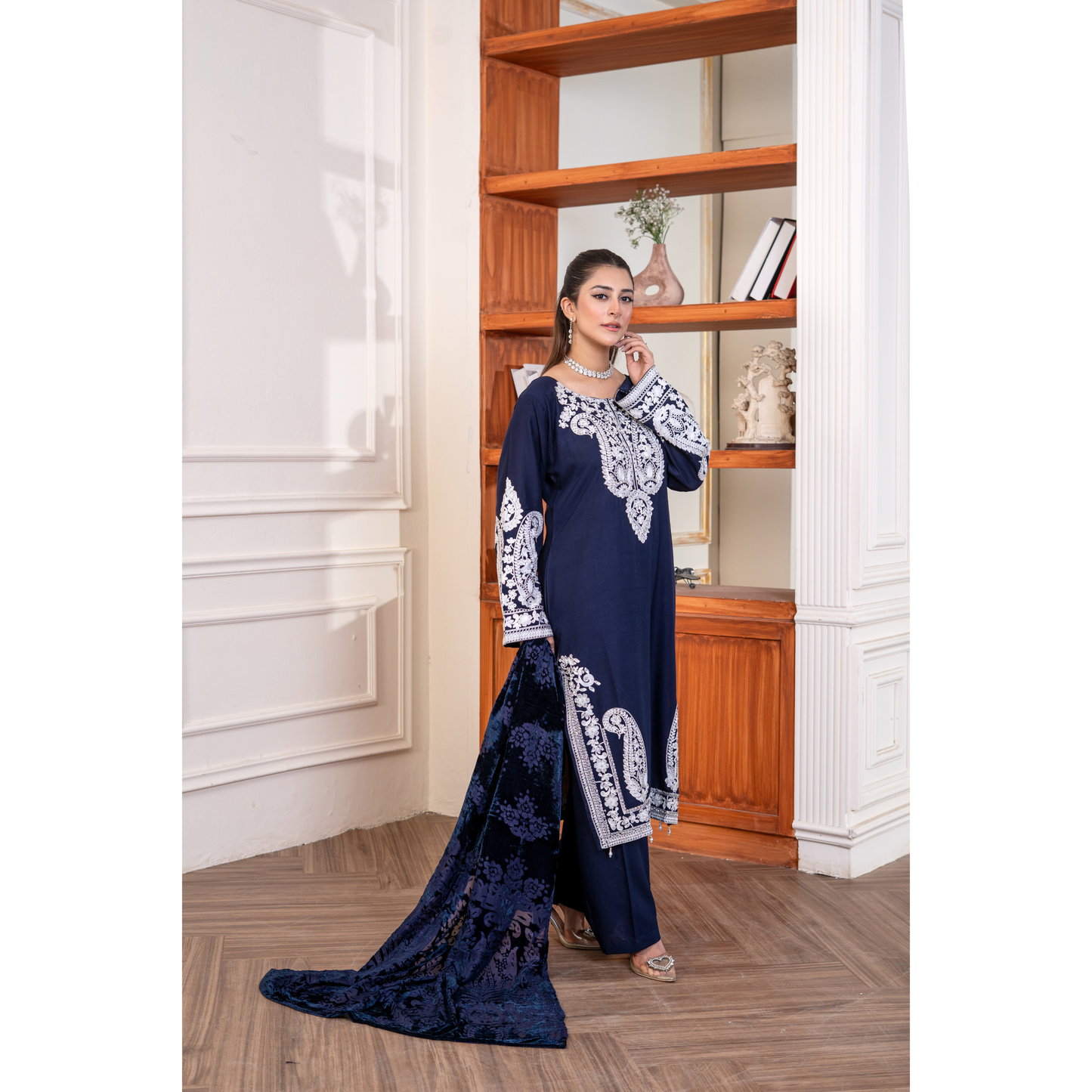 UA-130 Winter Linen dress with Velvet Shawl Collection by Umnaa