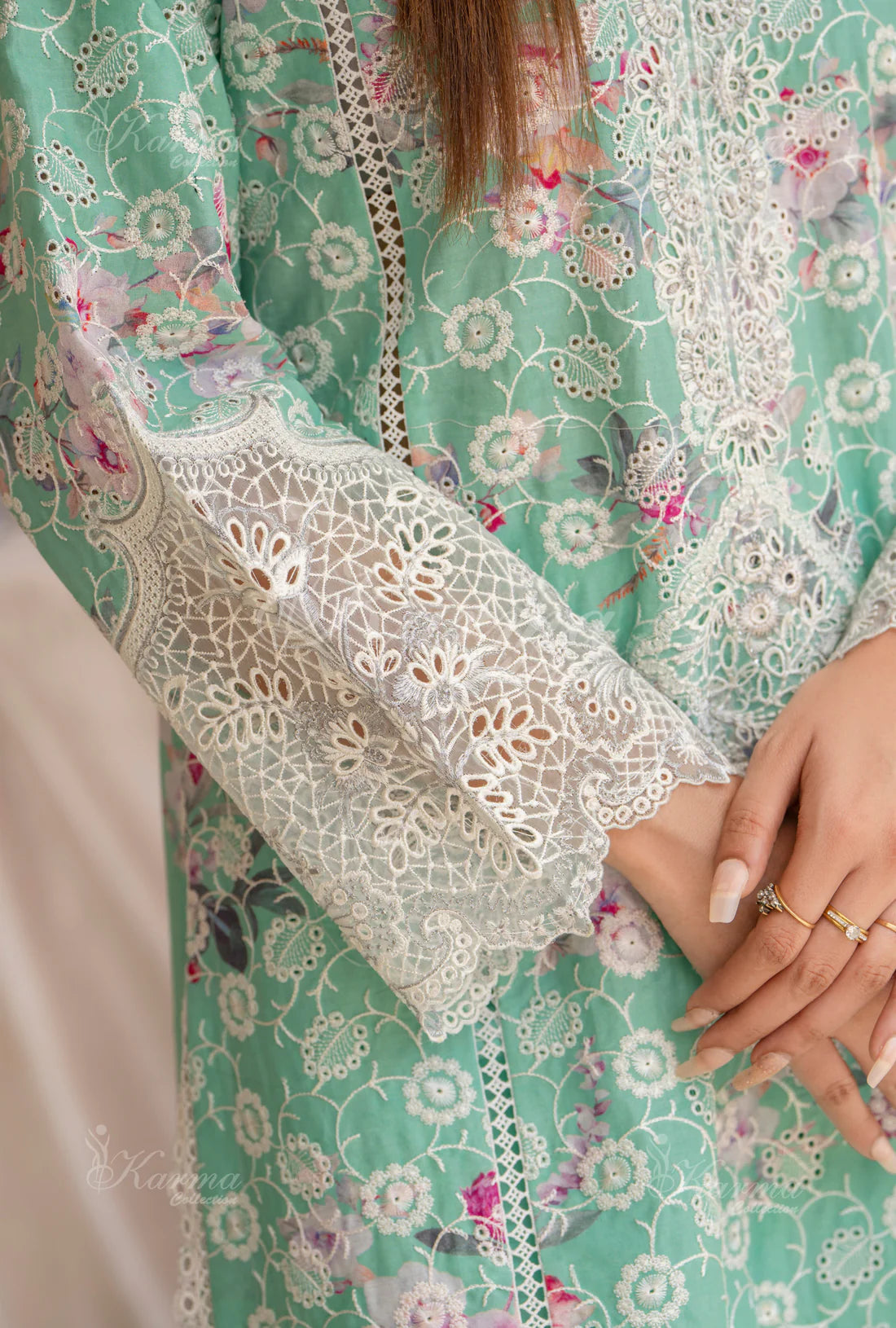 (Seafoam) Printed Chikenkari Cotton Lawn 3 Pc - Karma Collection
