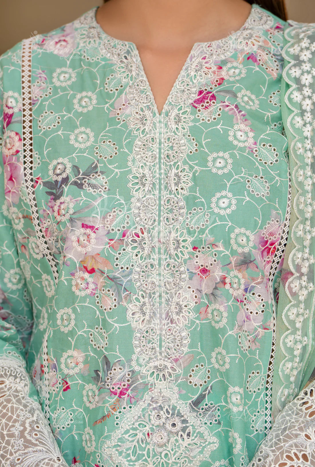 (Seafoam) Printed Chikenkari Cotton Lawn 3 Pc - Karma Collection