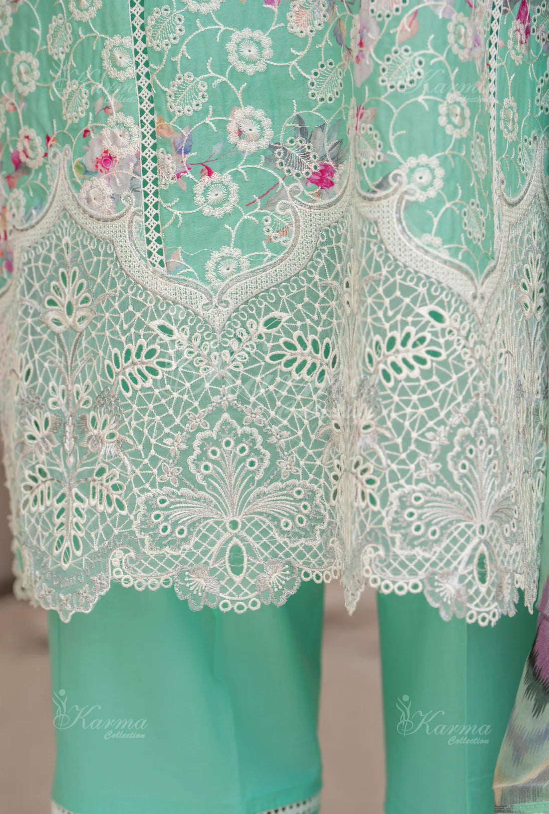 (Seafoam) Printed Chikenkari Cotton Lawn 3 Pc - Karma Collection