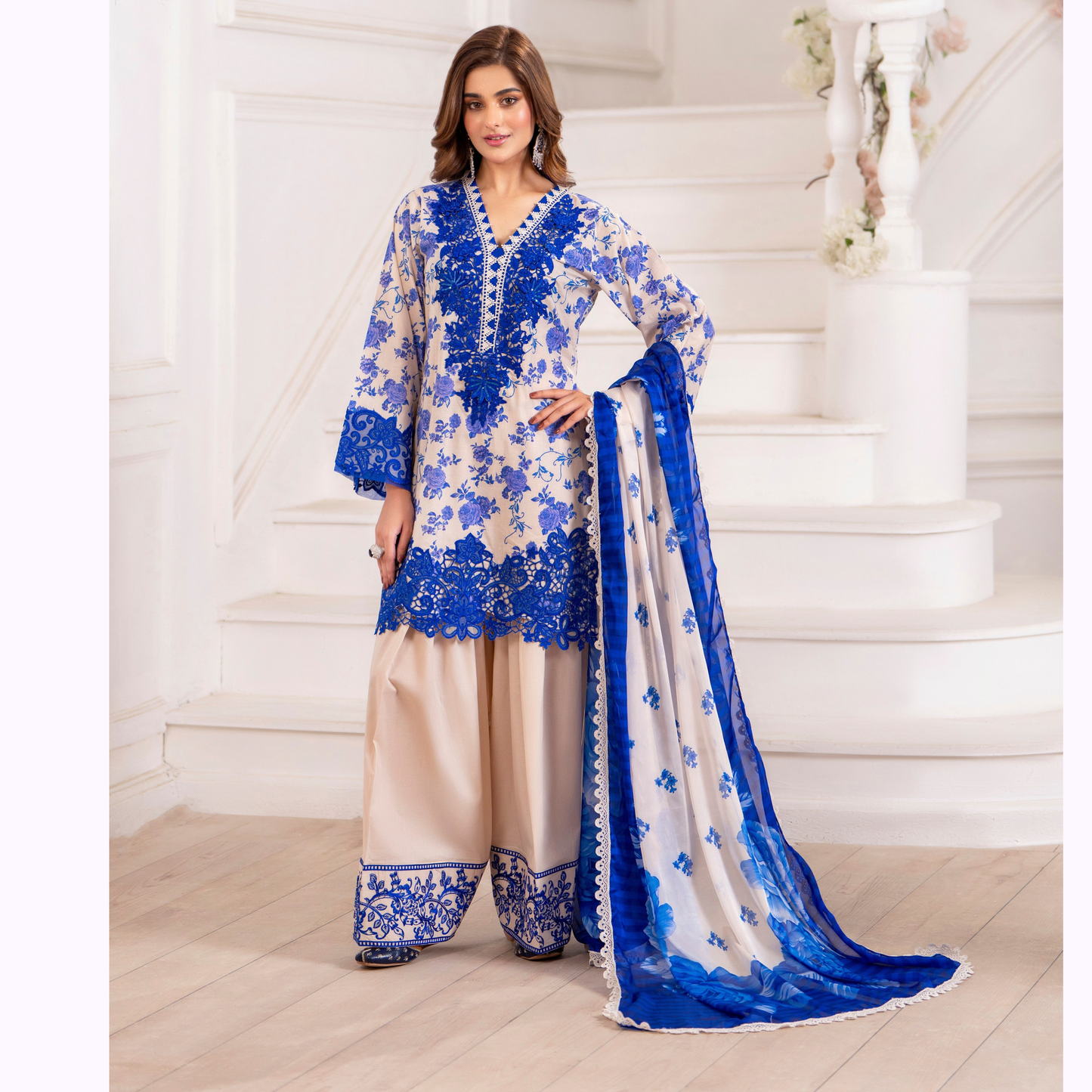 3 Pc Printed Floral Embroidered Trendy farshi Shalwar Collection karma collection