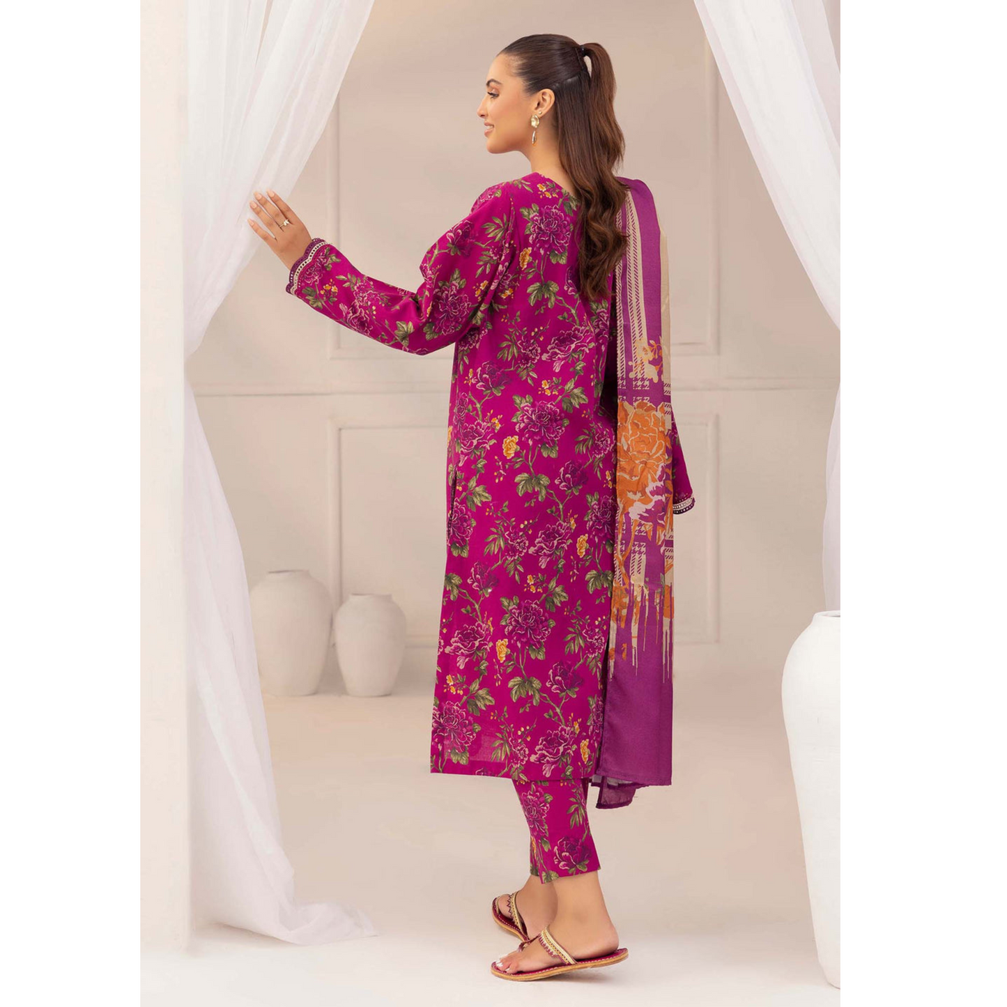 Burnt Pink 3 Pc Printed Khaddar Ready to Wear Dress - Adan's libas