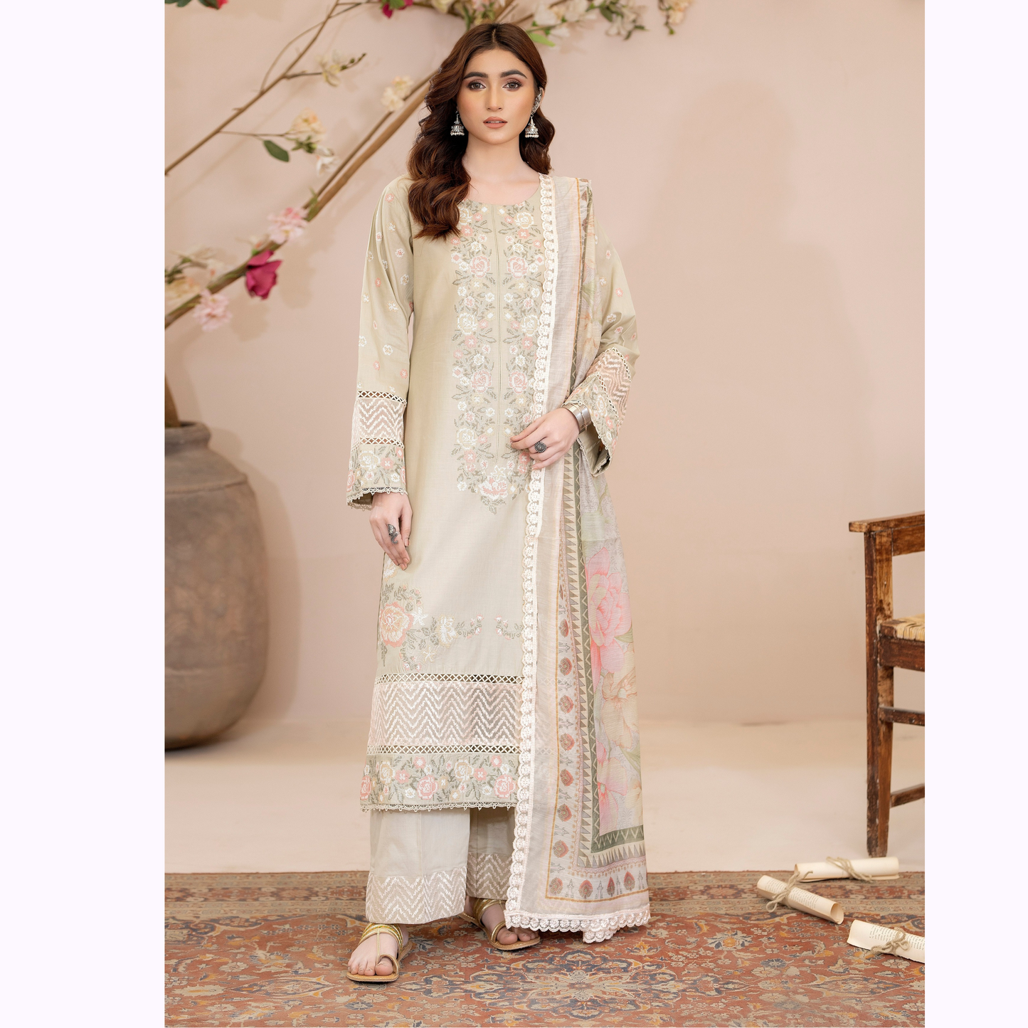 UKC-32 Embroidered Cambric Cotton Dress Ready to Wear 3 Pc - Karma Collection