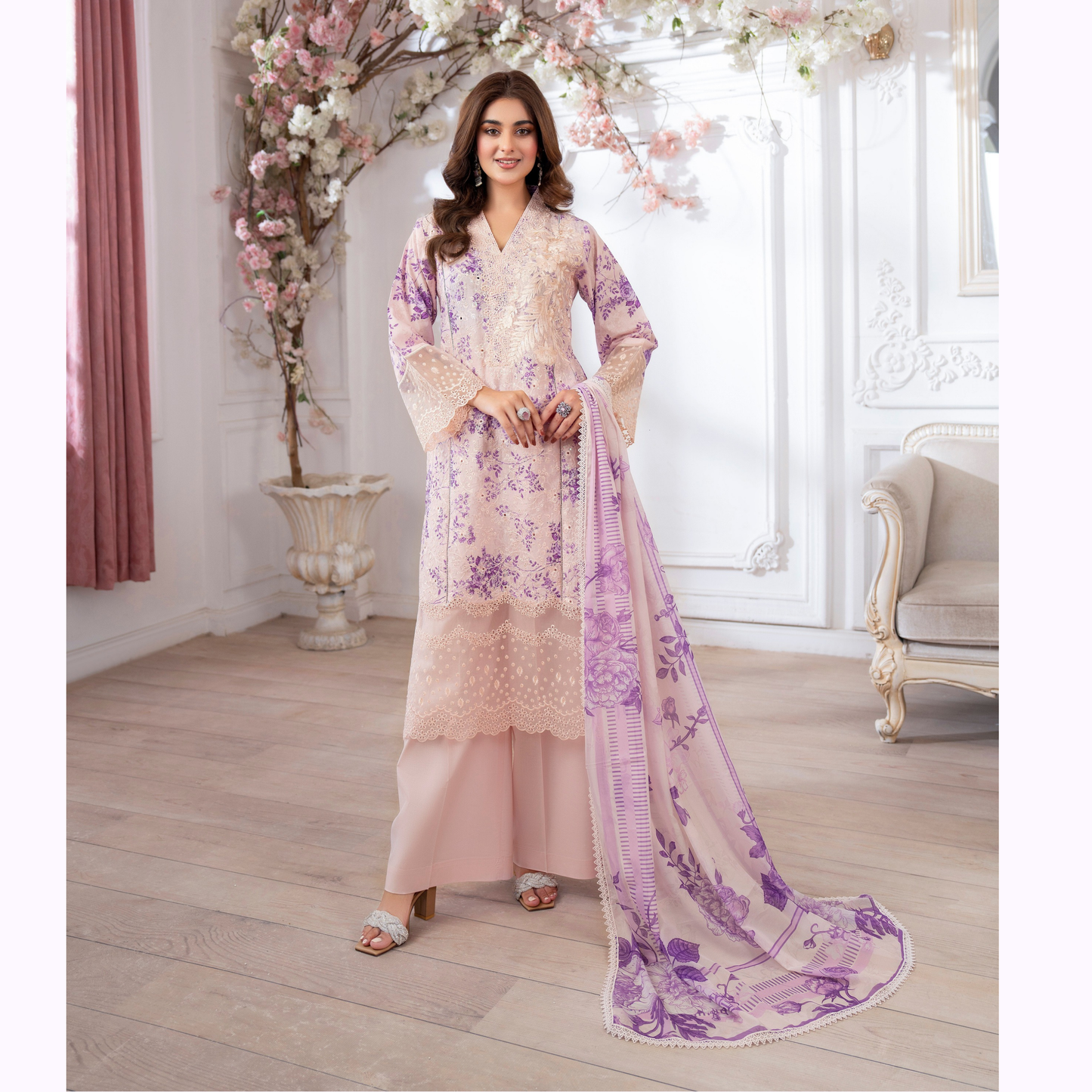 3 Pc Printed Floral Embroidered Trendy farshi Shalwar Collection karma collection