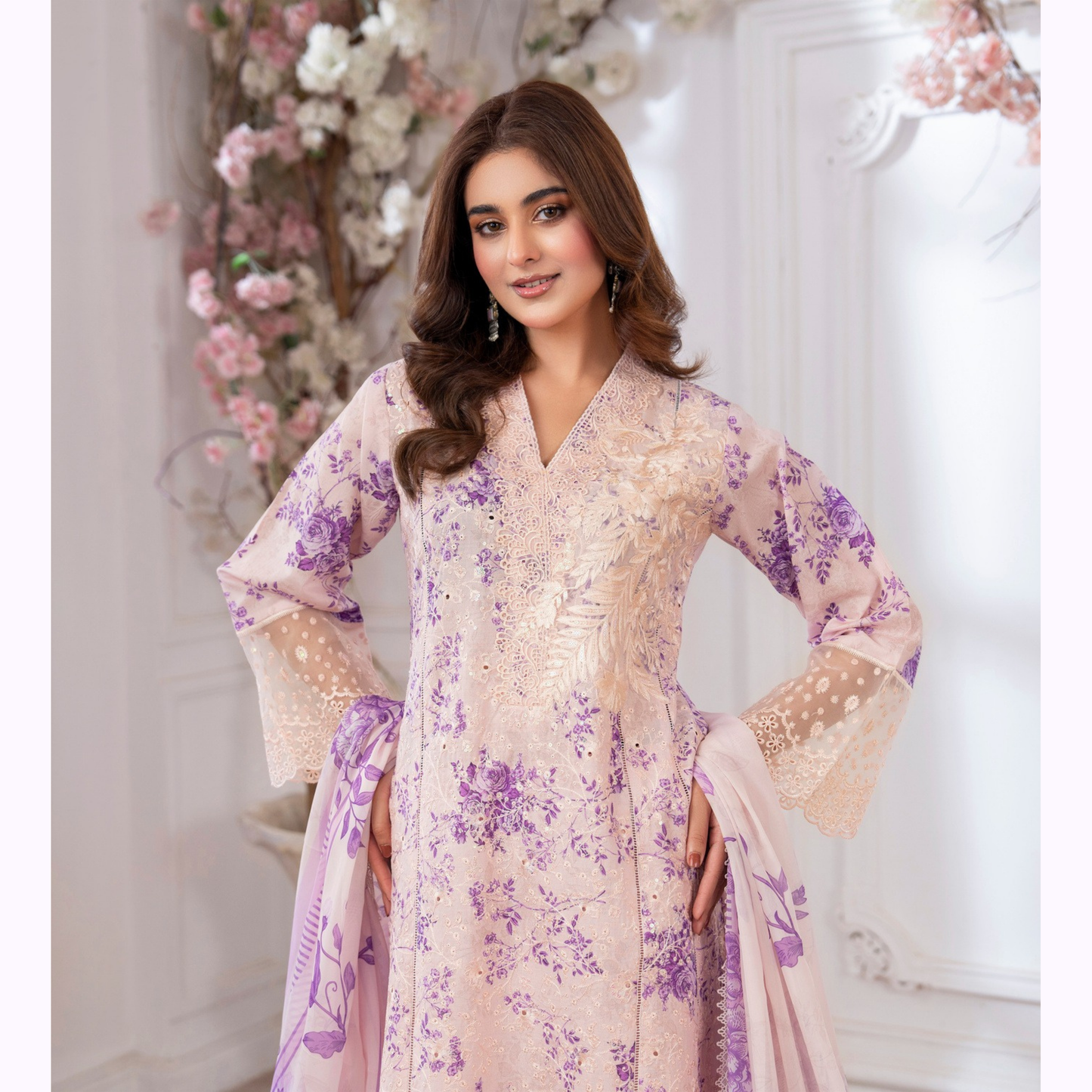 3 Pc Printed Floral Embroidered Trendy farshi Shalwar Collection karma collection
