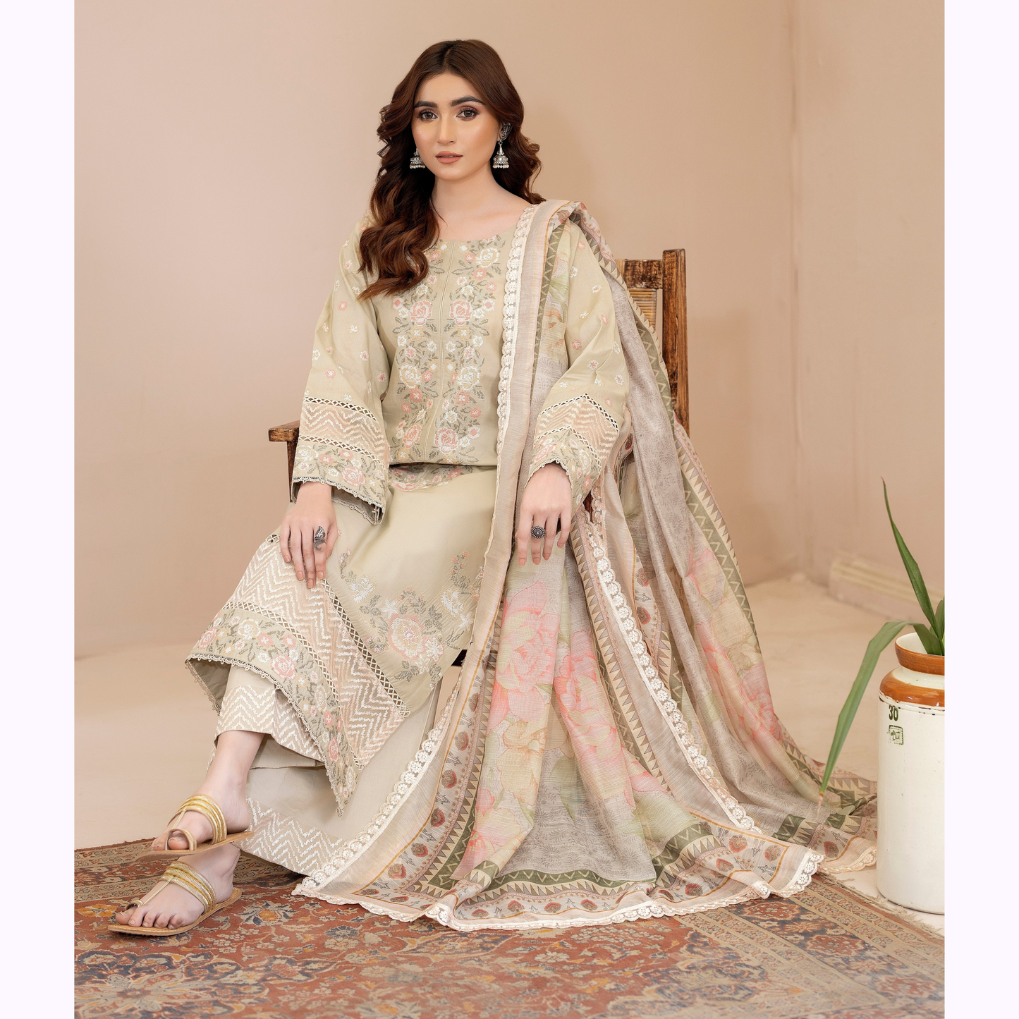 UKC-32 Embroidered Cambric Cotton Dress Ready to Wear 3 Pc - Karma Collection