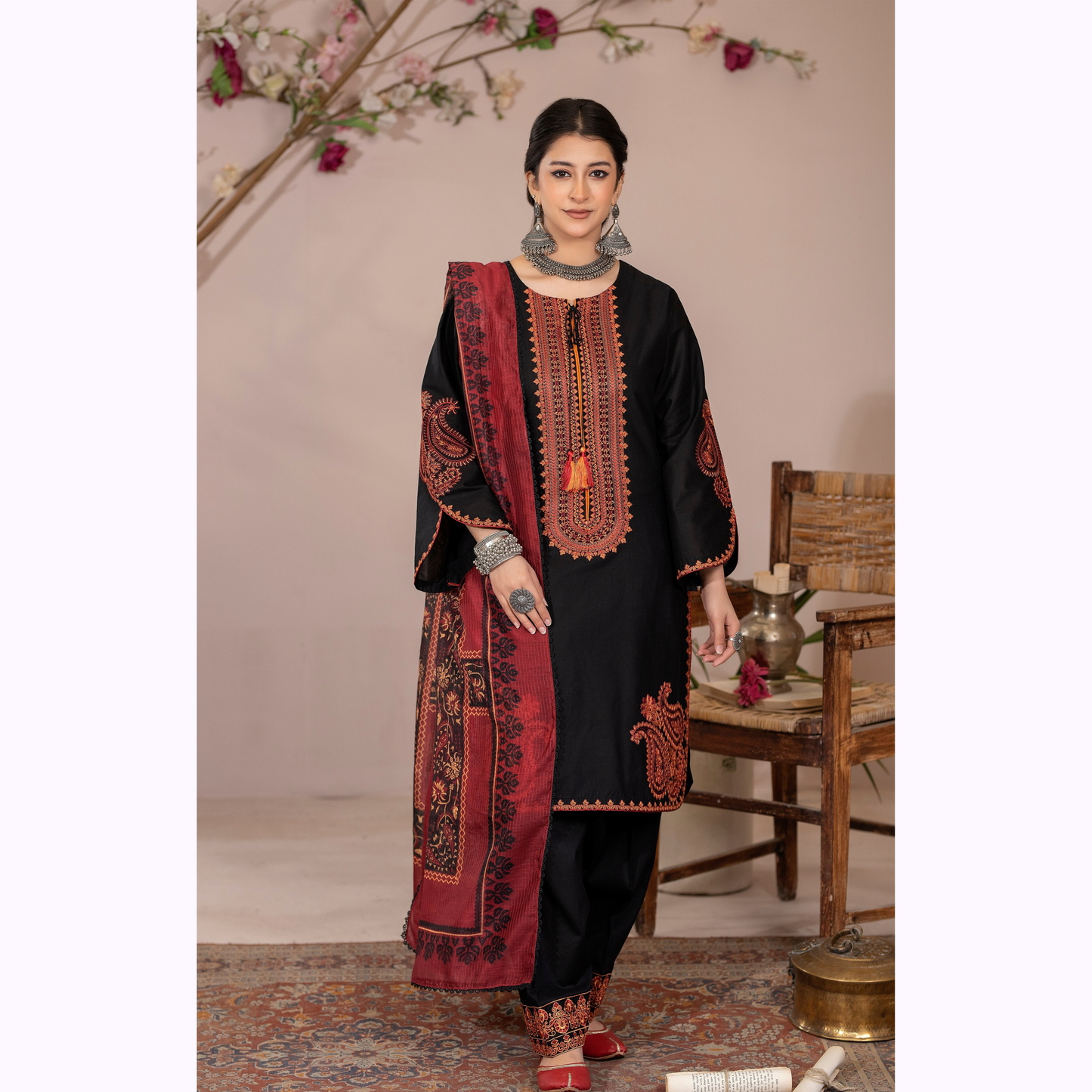 UKC-33 Embroidered Cambric Cotton Dress Ready to Wear 3 Pc - Karma Collection