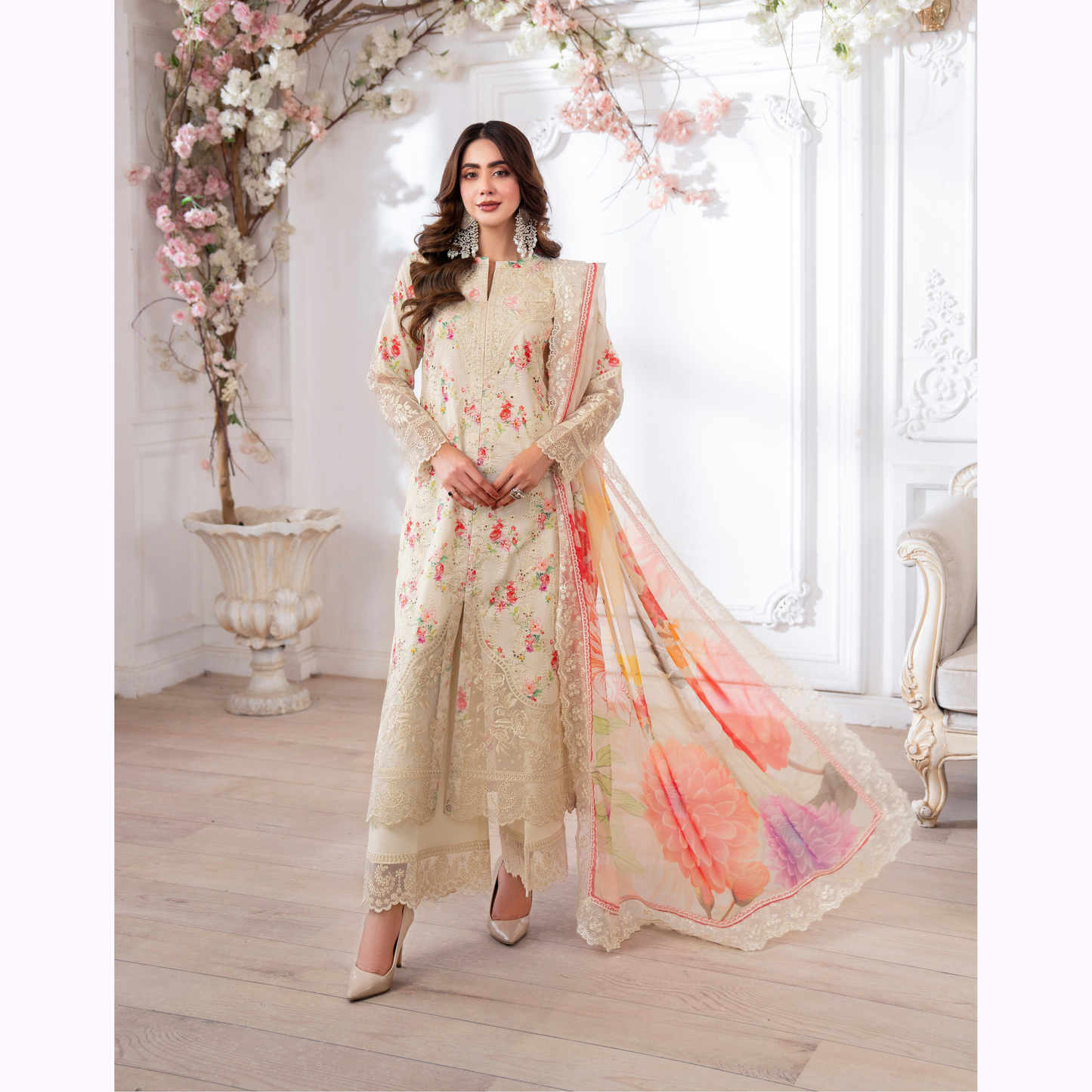 3 Pc Printed Floral Embroidered Trendy farshi Shalwar Collection karma collection