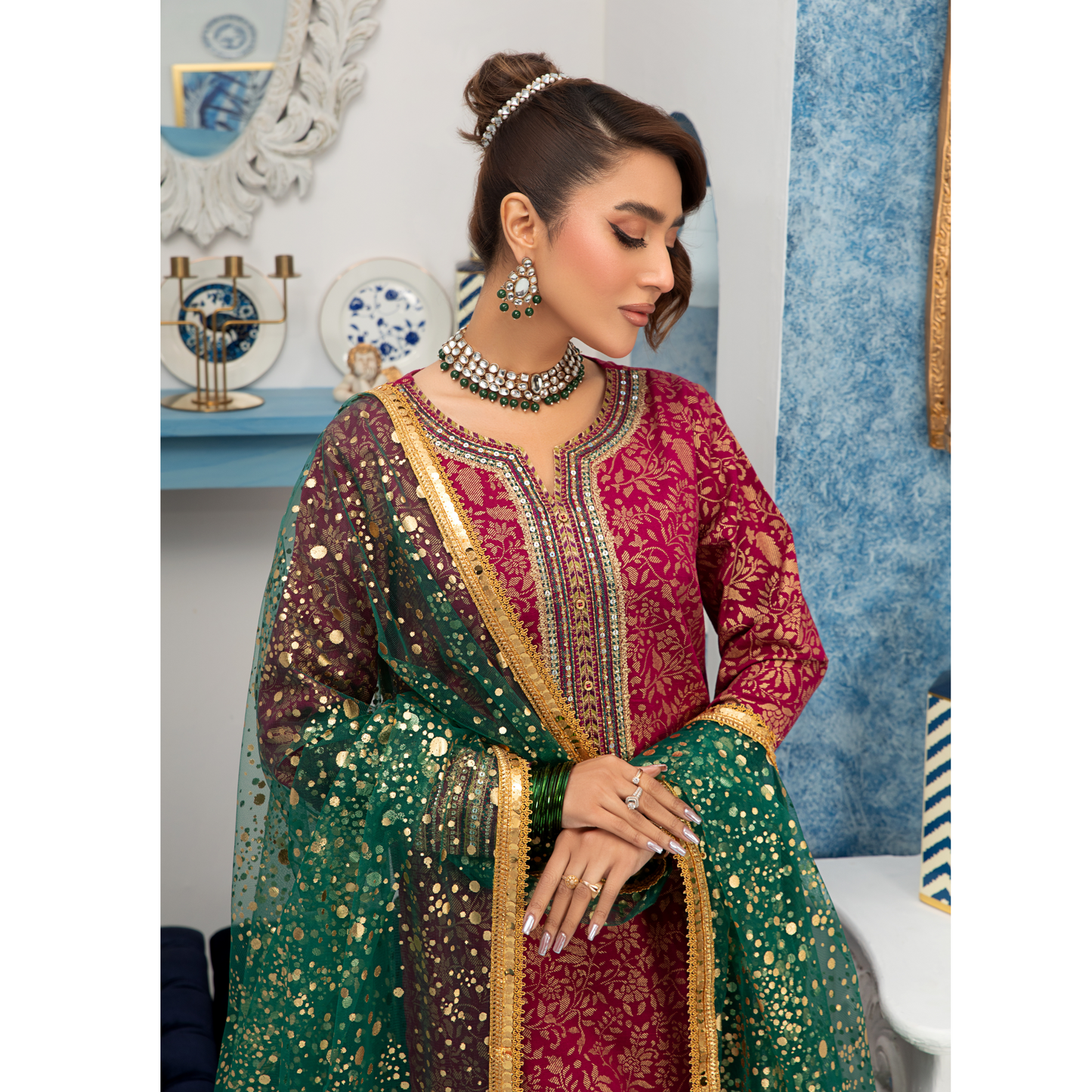 (Deep Pink) Luxury Cambric Cotton Embroidered Dress | Ready to Wear | Heera's