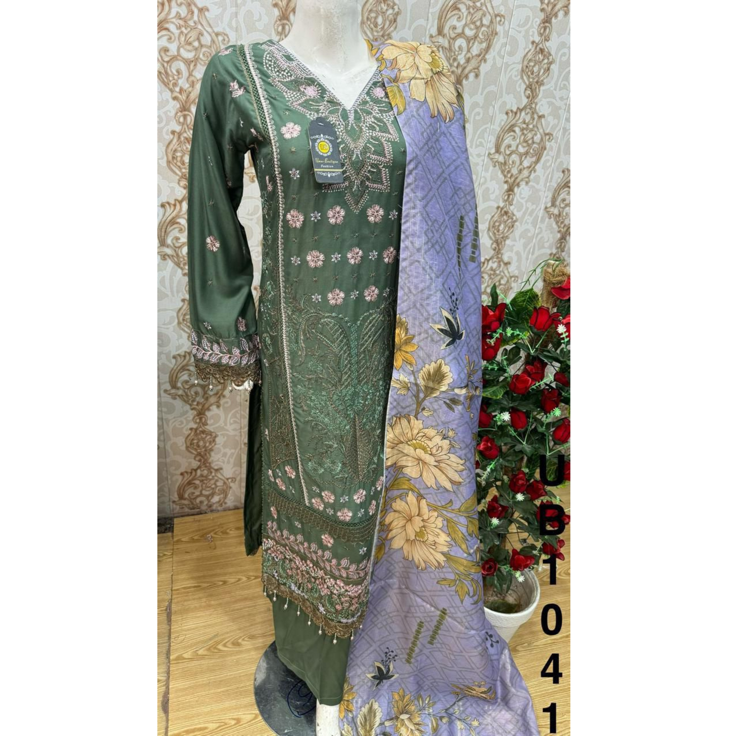 3 Pc Embroidered Linen Dress With Cotton Silk Printed Dupatta By UB